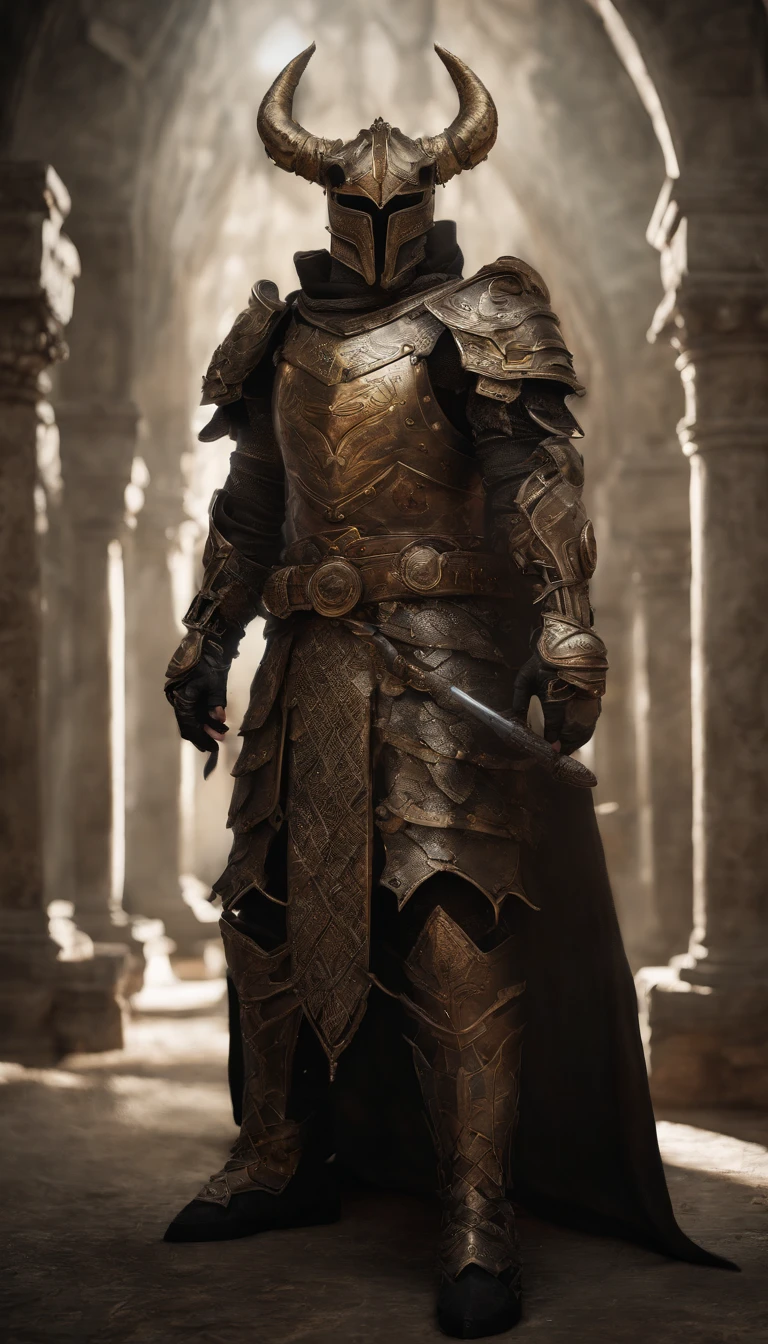 warrior, concept-art, author:Kishiganku, Fantasy art, battleground background, clean render, a horned, Wear a suit of armor, Detailed bushido form smoke, helmet of a forgotten deity, character is standing, 8k Realistic, in game render, detailed face background detail, Art station front page, taur, Pseudo-medieval fantasy, A deity wearing koi armor, detailed bronze armor, Bronze armor, golden etched armor, gold obsidian armor, Light gold armor, Gorgeous filigree armor, A demonic warrior, Gorgeous armor full of thorns, Intricate assasin armor, Intricate metal armor, powerful warrior, Dressed in gorgeous gold armor,Decorated with intricate patterns, The helmet has a large crown and two horns,Glowing red eyes, Everything is in the dark, The smoky background hints at battle scenes, Add an ominous aura to his character,submission, Full body shot.