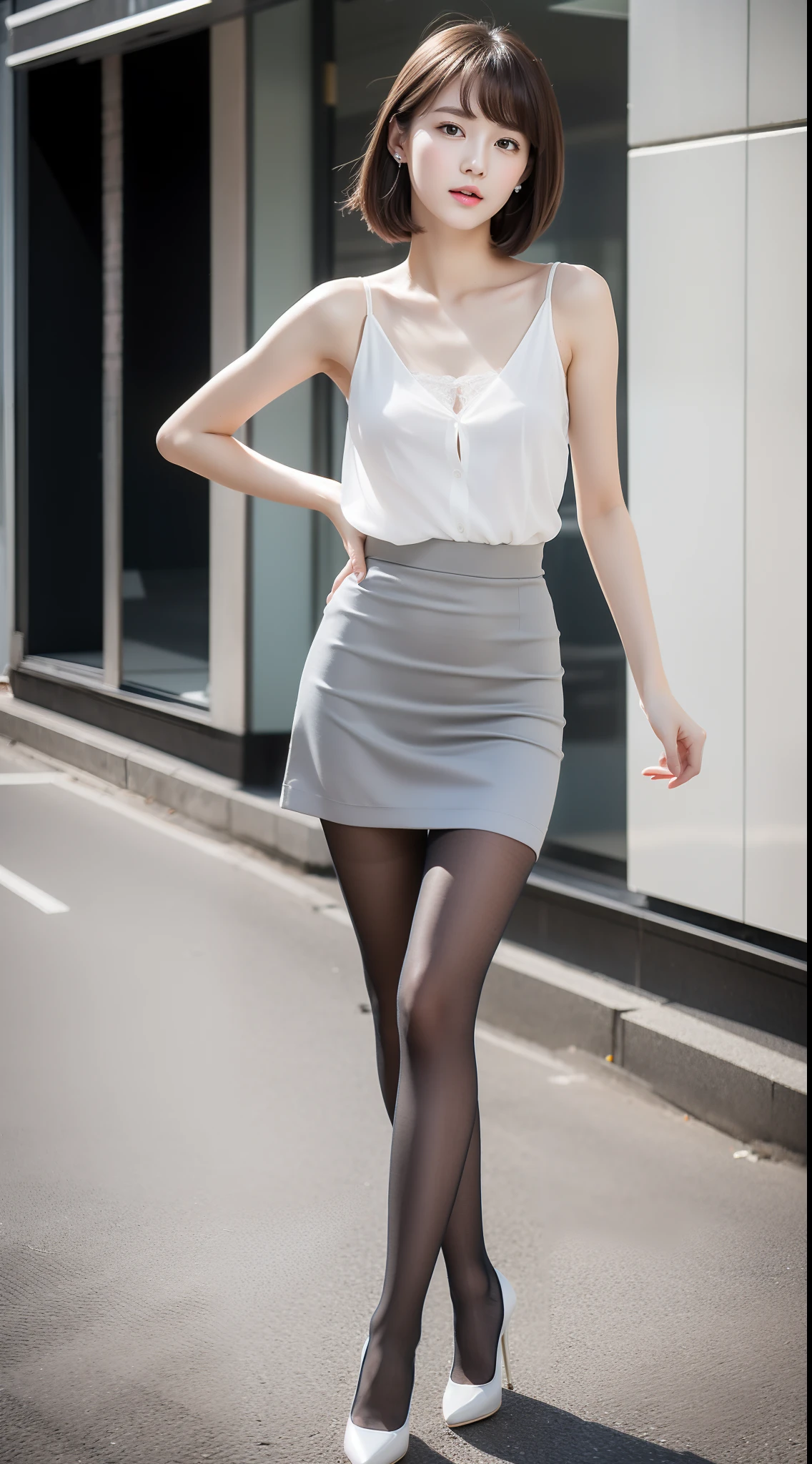 Ultra-clear resolution,top Quority,Wonderful young girl,ear studs,Short shoulder-length hair,Clear eyes,plain face,Gloss on lips,s the perfect face,White skin,Perfect chest,Slender legs,lacepantyhose,Gray office miniskirt,high-heels,street