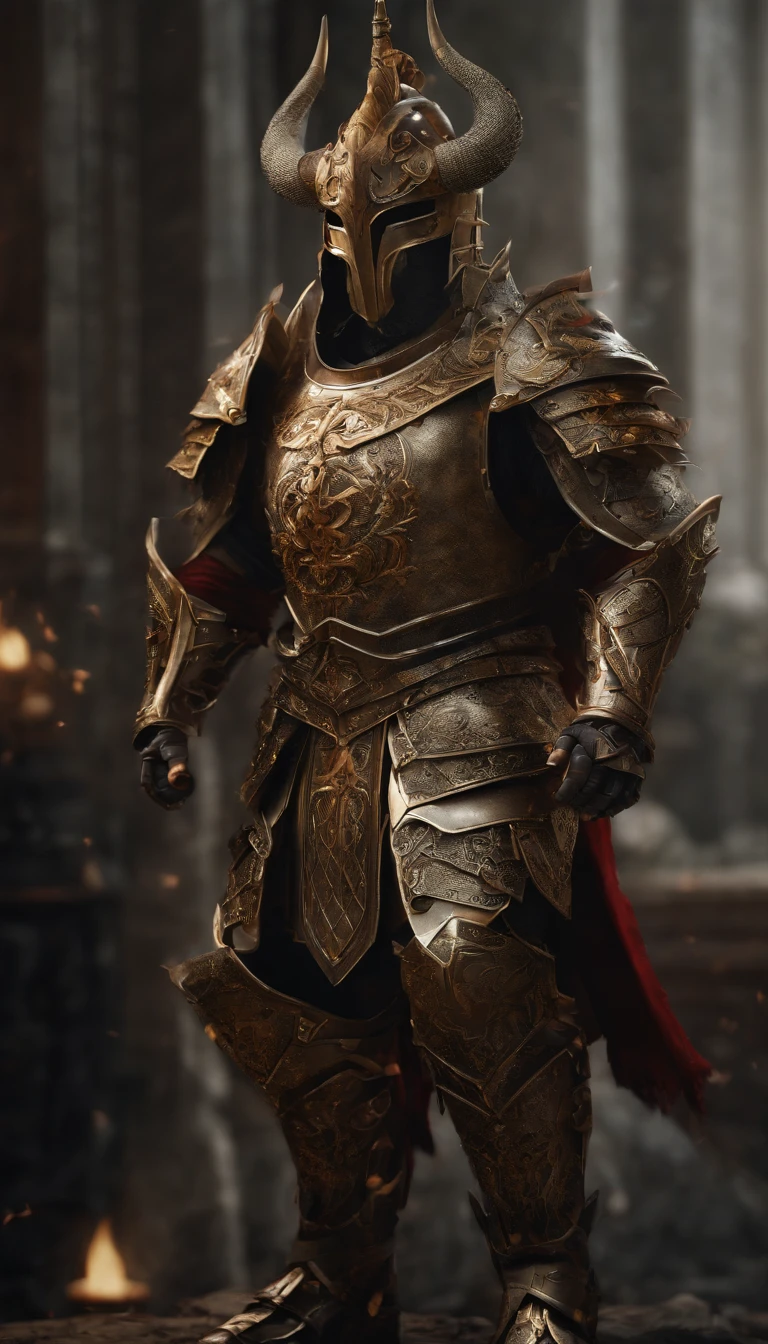 warrior, concept-art, author:Kishiganku, Fantasy art, battleground background, clean render, a horned, Wear a suit of armor, Detailed bushido form smoke, helmet of a forgotten deity, character is standing, 8k Realistic, in game render, detailed face background detail, Art station front page, taur, Pseudo-medieval fantasy, A deity wearing koi armor, detailed bronze armor, Bronze armor, golden etched armor, gold obsidian armor, Light gold armor, Gorgeous filigree armor, A demonic warrior, Gorgeous armor full of thorns, Intricate assasin armor, Intricate metal armor, powerful warrior, Dressed in gorgeous gold armor,Decorated with intricate patterns, The helmet has a large crown and two horns,Glowing red eyes, Everything is in the dark, The smoky background hints at battle scenes, Add an ominous aura to his character,submission, Full body shot.