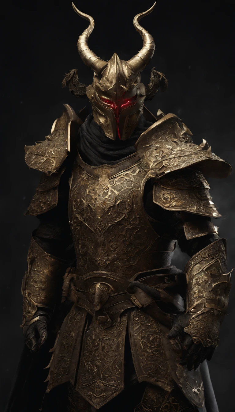 warrior, concept-art, author：Kishiganku, Fantasy art, battleground background, clean render, a horned, Wear a suit of armor, Detailed bushido form smoke, helmet of a forgotten deity, character is standing, 8k Realistic, in game render, detailed face background detail, Art station front page, taur, Pseudo-medieval fantasy, A deity wearing koi armor, detailed bronze armor, Bronze armor, golden etched armor, gold obsidian armor, Light gold armor, Gorgeous filigree armor, A demonic warrior, Gorgeous armor full of thorns, Intricate assasin armor, Intricate metal armor, powerful warrior, Dressed in gorgeous gold armor，Decorated with intricate patterns, The helmet has a large crown and two horns,Glowing red eyes， Everything is in the dark, The smoky background hints at battle scenes, Add an ominous aura to his character，submission, Full body shot.