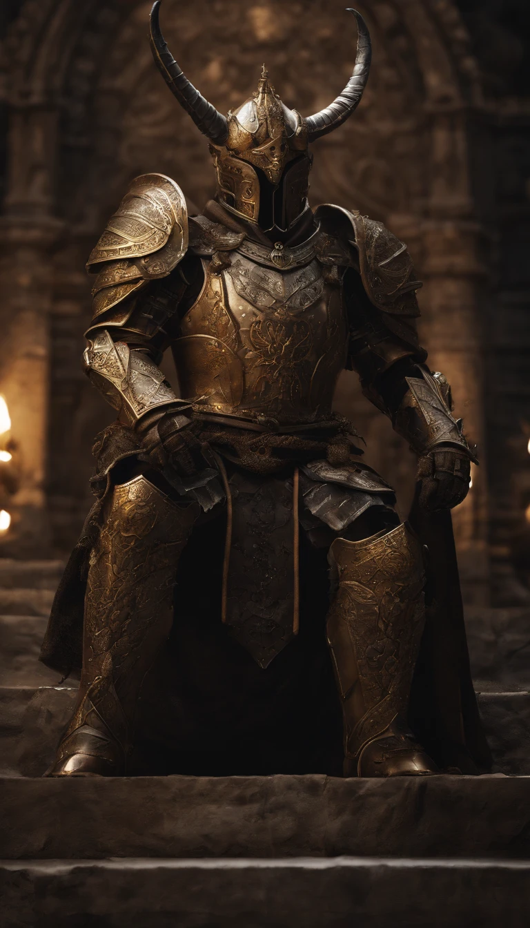 warrior, concept-art, author:Kishiganku, Fantasy art, battleground background, clean render, a horned, Wear a suit of armor, Detailed bushido form smoke, helmet of a forgotten deity, character is standing, 8k Realistic, in game render, detailed face background detail, Art station front page, taur, Pseudo-medieval fantasy, A deity wearing koi armor, detailed bronze armor, Bronze armor, golden etched armor, gold obsidian armor, Light gold armor, Gorgeous filigree armor, A demonic warrior, Gorgeous armor full of thorns, Intricate assasin armor, Intricate metal armor, powerful warrior, Dressed in gorgeous gold armor,Decorated with intricate patterns, The helmet has a large crown and two horns,Glowing red eyes, Everything is in the dark, The smoky background hints at battle scenes, Add an ominous aura to his character,submission, Full body shot.