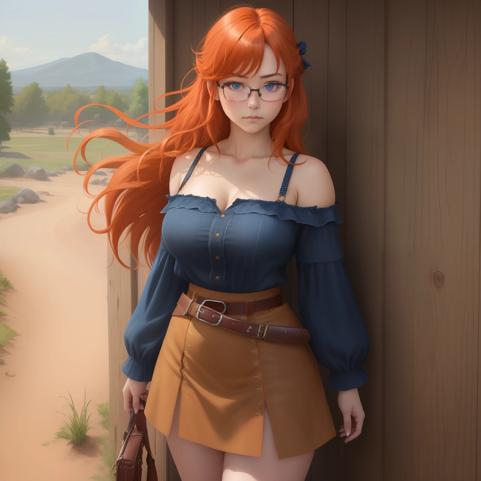 8k, masterpiece, best quality, realistic, higly detailed, cowboy shot, 1girl, solo, itsuki, serious looking girl, medium-length hair, expressive ahoge, reddish-orange hair, a pair of star-shaped hairpins near both of her eyes, dark blue eyes, average height, well-endowed figure, glasses, cute, winter clothes