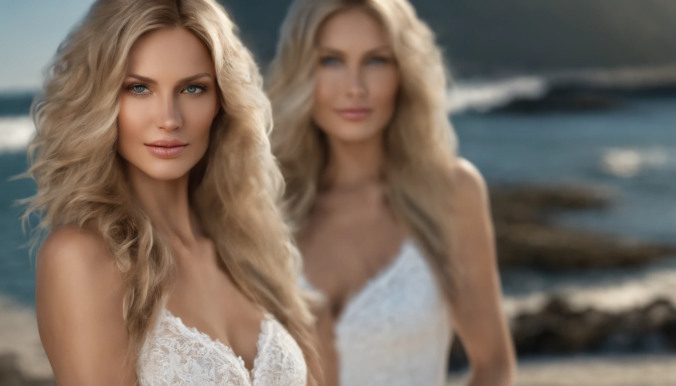 Woman in her 30s, Gorgeous woman with very long wavy blonde hair, Delicate and seductive eyes, Long sexy legs, Woman in white tank top and ripped jeans, ((Detailed facial features)), (fine detailed skin), pale-skin, Realistic Skin Textures, Extreme skin details, (Pores:0.1), best quality masterpiece, Photorealistic, A hyper-realistic, detailed, 8K, HDR, (Soft color: 1.2), shallow depth of field, wide light, High contrast, Back lighting, Bloom, Twinkling light, chromatic aberration, Sharp focus, RAW color photos, seaside, waves, Sunny weather