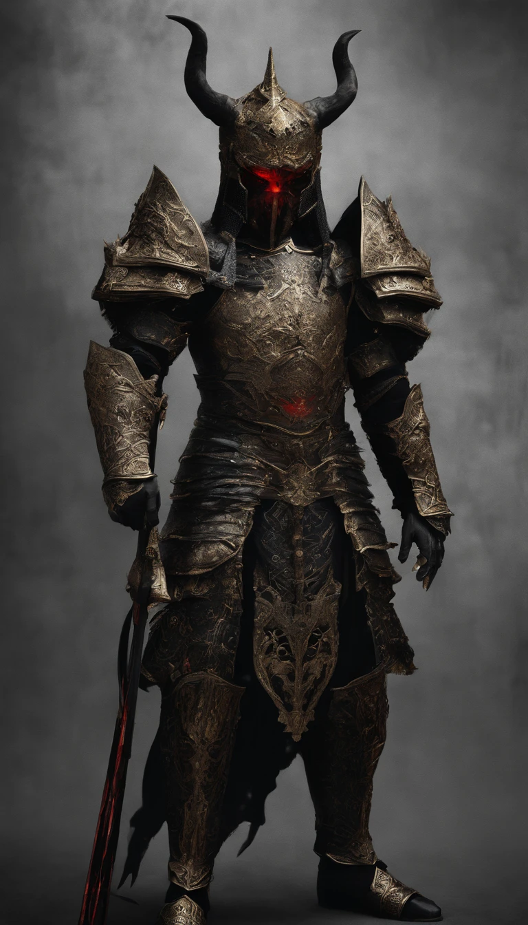 warrior, concept-art, author：Kishiganku, Fantasy art, battleground background, clean render, a horned, Wear a suit of armor, Detailed bushido form smoke, helmet of a forgotten deity, character is standing, 8k Realistic, in game render, detailed face background detail, Art station front page, taur, Pseudo-medieval fantasy, A deity wearing koi armor, detailed bronze armor, Bronze armor, golden etched armor, gold obsidian armor, Light gold armor, Gorgeous filigree armor, A demonic warrior, Gorgeous armor full of thorns, Intricate assasin armor, Intricate metal armor, powerful warrior, Dressed in gorgeous gold armor，Decorated with intricate patterns, The helmet has a large crown and two horns,Glowing red eyes， Everything is in the dark, The smoky background hints at battle scenes, Add an ominous aura to his character，submission, Full body shot.