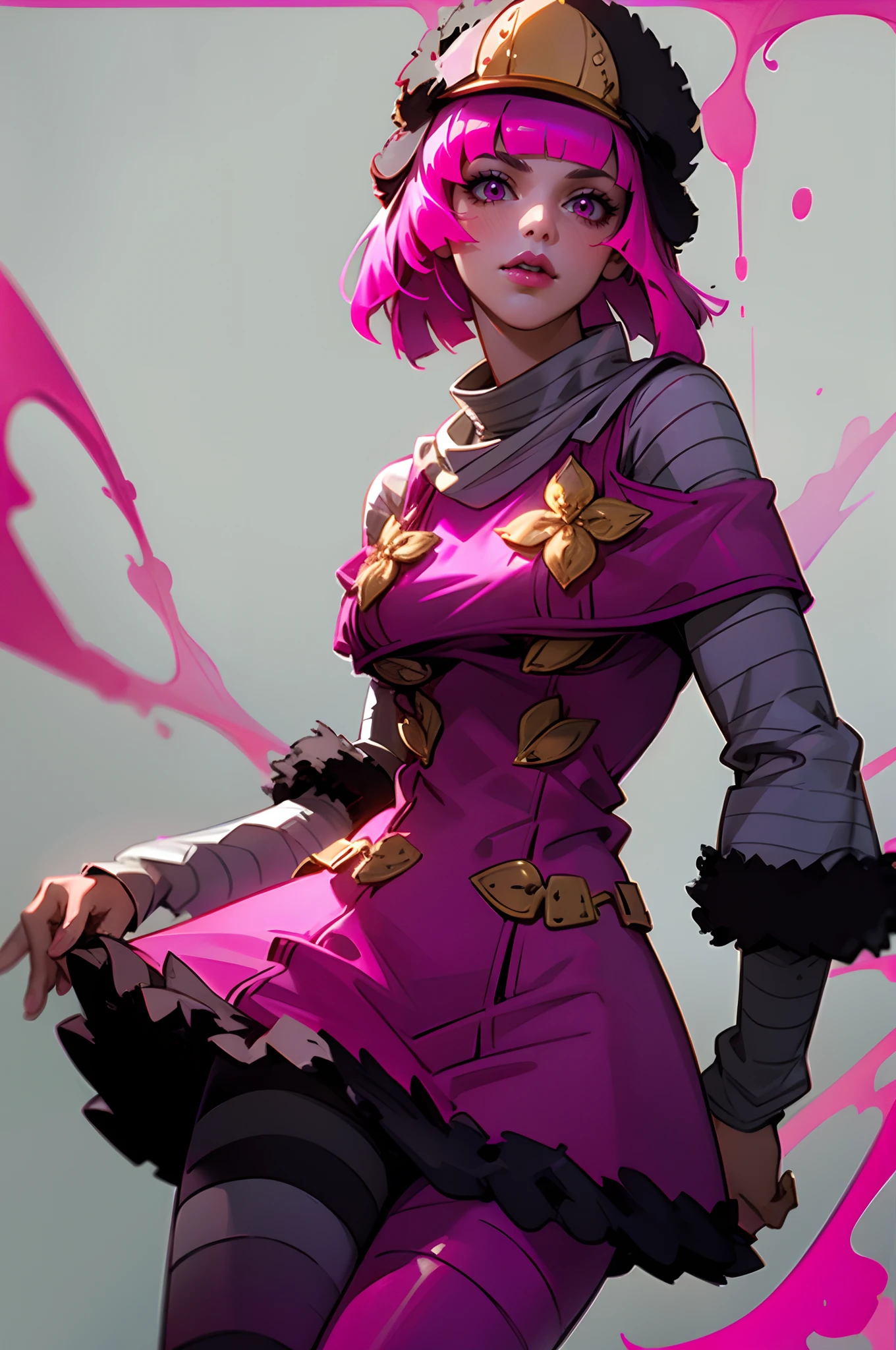 Hot Pants, 1girl, solo, hat, pink hair, pink dress, black frills, short hair, blunt bangs, striped sleeves, striped pants, cowboy shot, pink lipstick, full lips, medium breasts, pink eyes