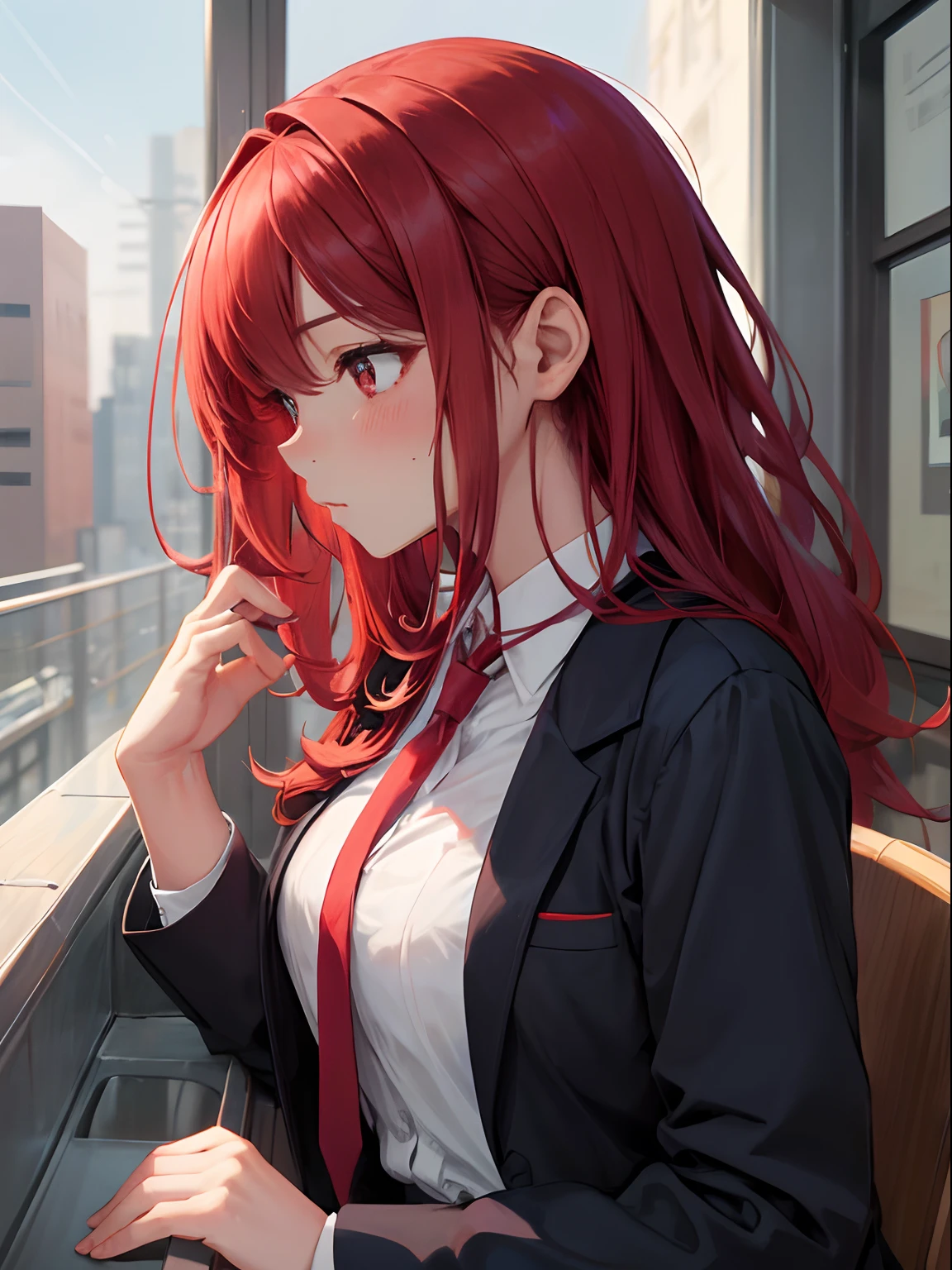 Woman in suit、red blush、Red hair、Subject from the side