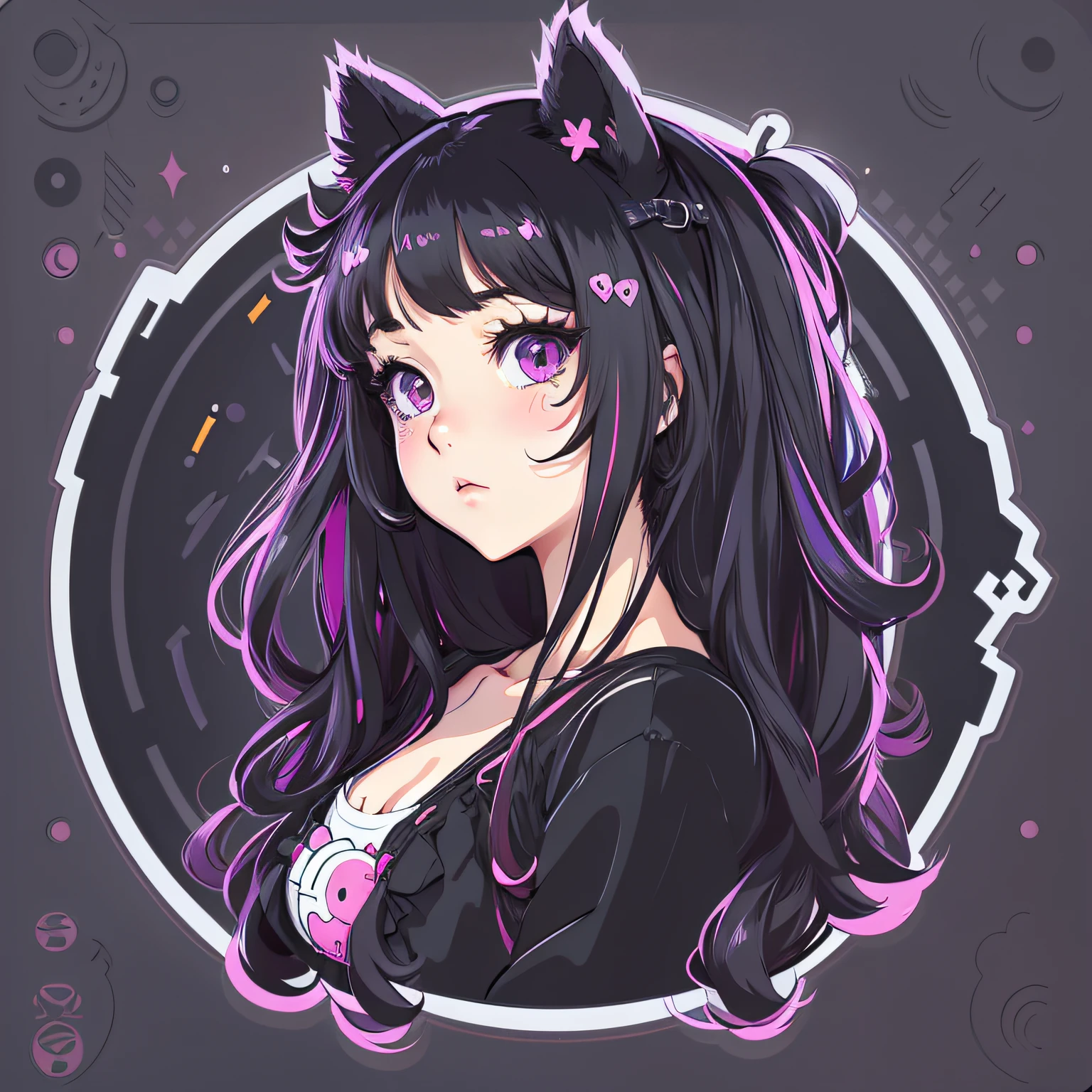 Sticker, Cute anime girl head, Long black hair style,Deep purple eyes，Black cat ears, cute clothing，White background, Bright pink, Simple, Ultra detailed, Detailed drawing, vectorised, Silhouette, 8K, professional sticker design, Flat design, Vector lines, Drawing, Drawing, Full-HD