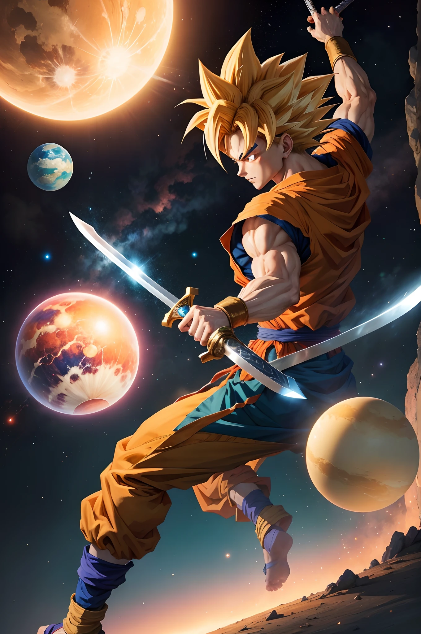 Anime de Goku, holding a sword in his hand , and several super futuristic planets around you