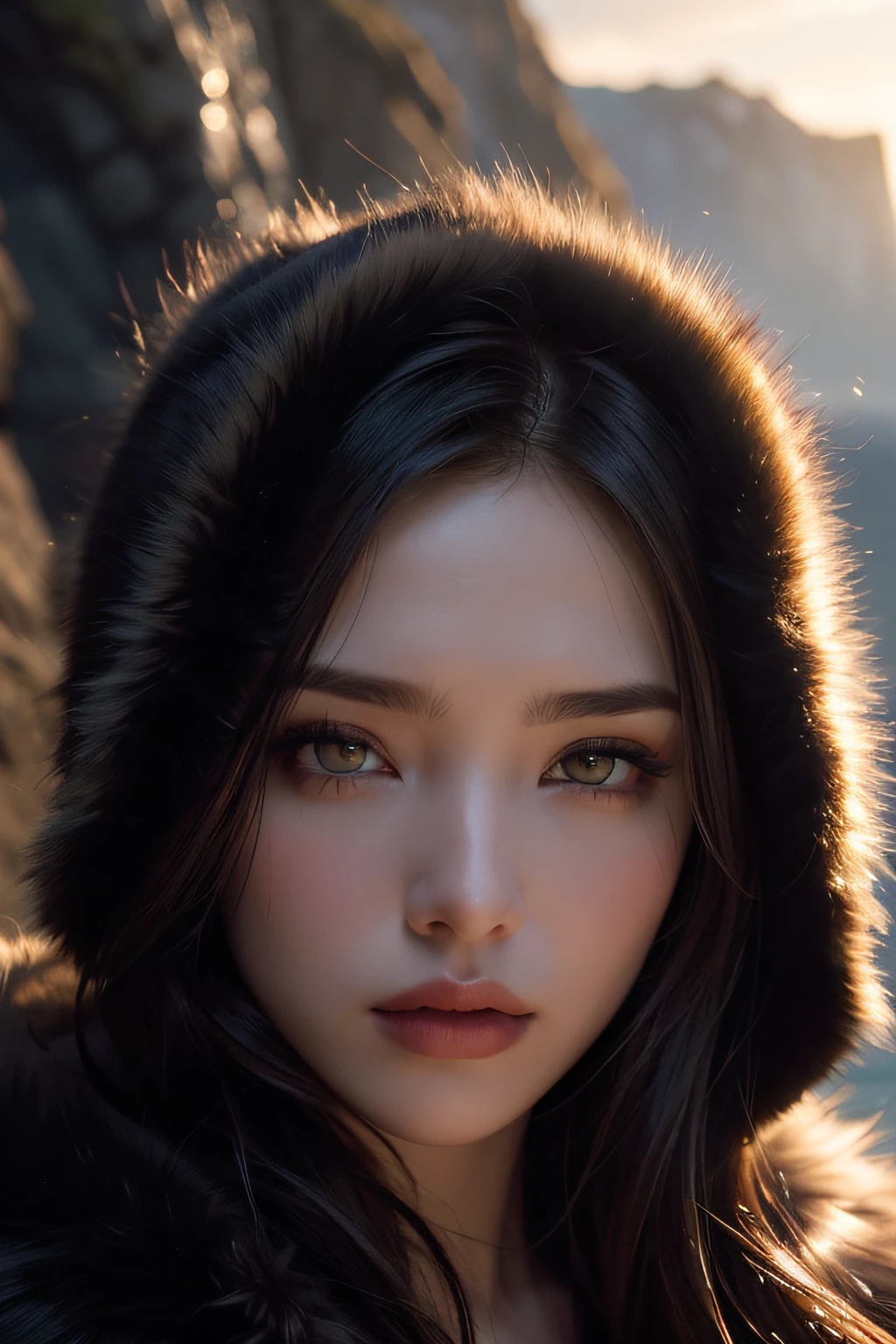 chrrblssm (Sharp Focus:1.2), Photo, attractive young woman, (Beautiful face:1.1), Detailed eyes, luscious lips, (smokey eye makeup:0.85), Wearing (Fur coat:1.2) Inserting a into the (cliffside:1.2). (Moody lighting:1.2), depth of fields, Bokeh, 4K, nffsw. in door (by James C. Christensen:1.2|Jeremy Lipking:1.1).