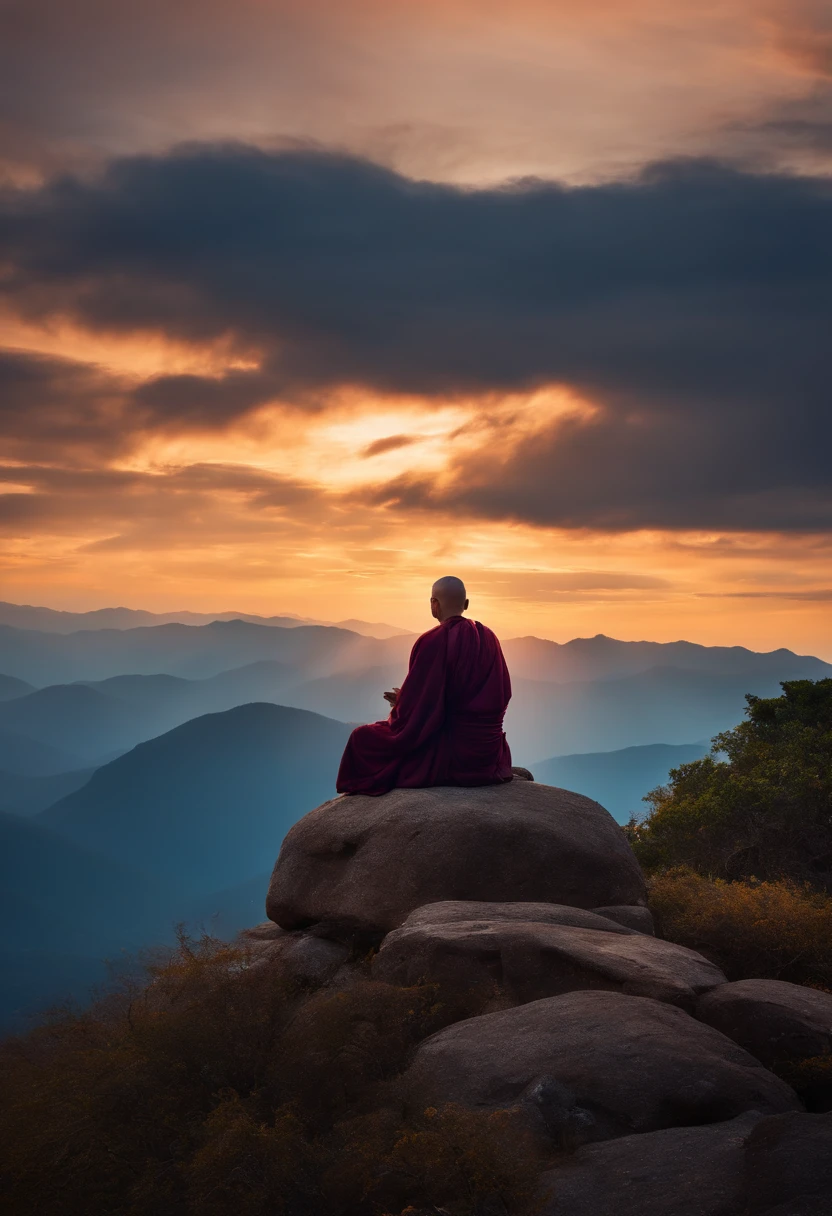 Former monks meditate at the top of a mountain,,Sunrise behind the monk, Ultra photo realsisim