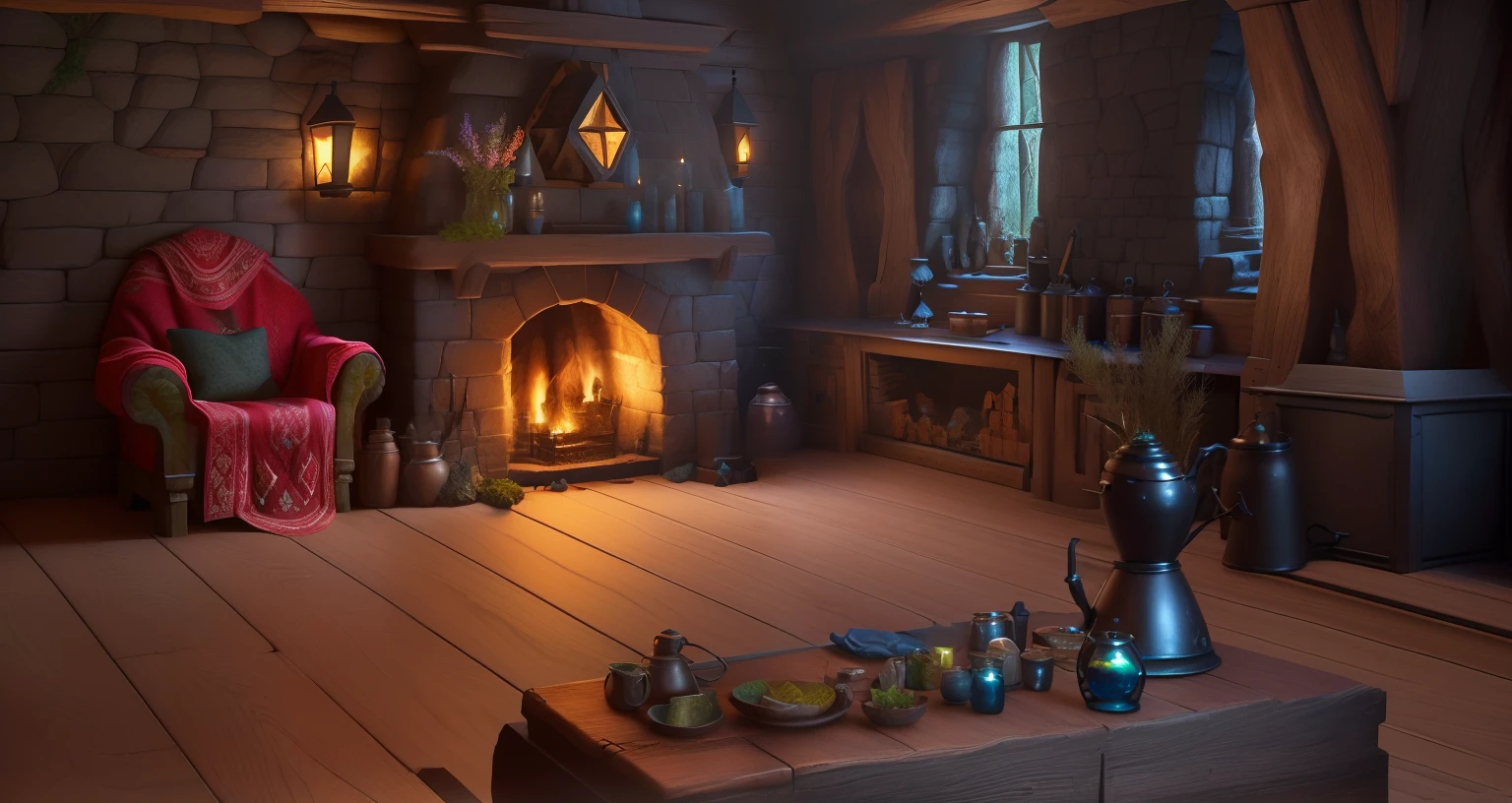 there is a cozy  room with a fireplace and a table with a bunch of items, in fantasy tavern near fireplace, brewing potion in witch hut, fantasy alchemist laboratory, magic laboratory setting, a multidimensional cozy tavern, medieval cottage interior, wizards laboratory, realistic fantasy render, witch cottage in the forest, fantasy tavern background, alchemy laboratory, 3 d stylize scene