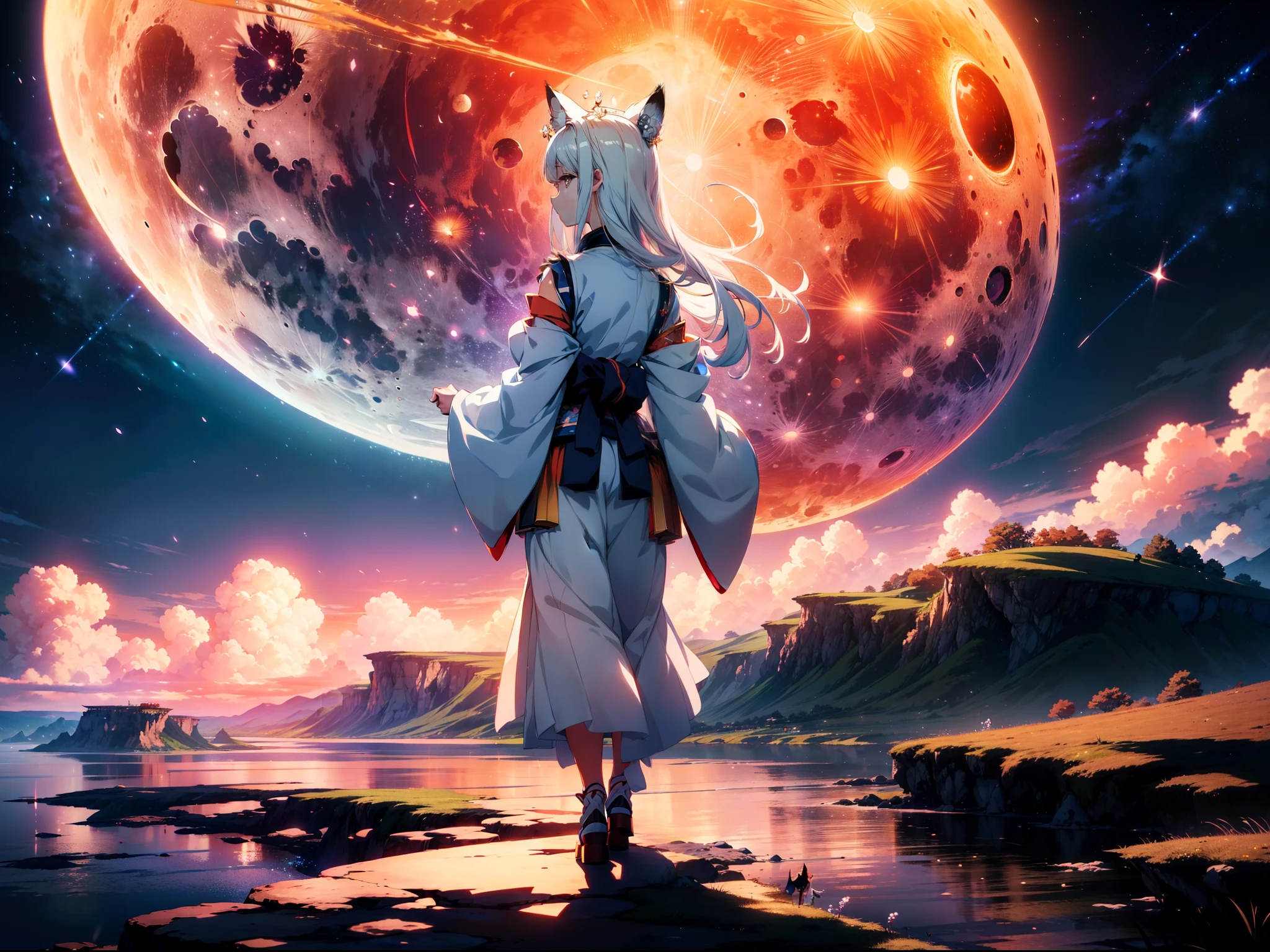(Fill the drawing with bright colors and Japanese strokes:1.3) , Hallucination, daydream , nightmare , bokeh , Wolves dancing in a sea of golden wheat , sun set