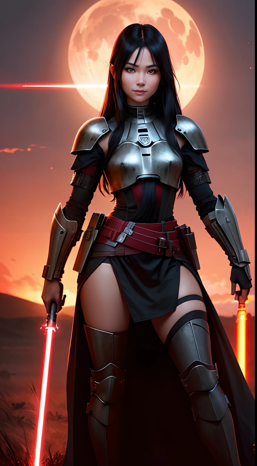 Beautiful female warrior stands with lightsaber in burnt field at night Turn、Look at me with a sexy smile Bright red sky, Big Moon Japanese actressl Smooth black hair full body Esbian Looking at the camera
