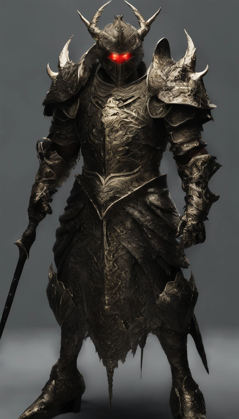 warrior, concept-art, author:Kishiganku, Fantasy art, battleground background, clean render, a horned, Wear a suit of armor, Detailed bushido form smoke, helmet of a forgotten deity, character is standing, 8k Realistic, in game render, detailed face background detail, Art station front page, taur, Pseudo-medieval fantasy, A deity wearing koi armor, detailed bronze armor, Bronze armor, golden etched armor, gold obsidian armor, Light gold armor, Gorgeous filigree armor, A demonic warrior, Gorgeous armor full of thorns, Intricate assasin armor, Intricate metal armor, powerful warrior, Dressed in gorgeous gold armor,Decorated with intricate patterns, The helmet has a large crown and two horns,Glowing red eyes, Everything is in the dark, The smoky background hints at battle scenes, Add an ominous aura to his character,submission, Full body shot.