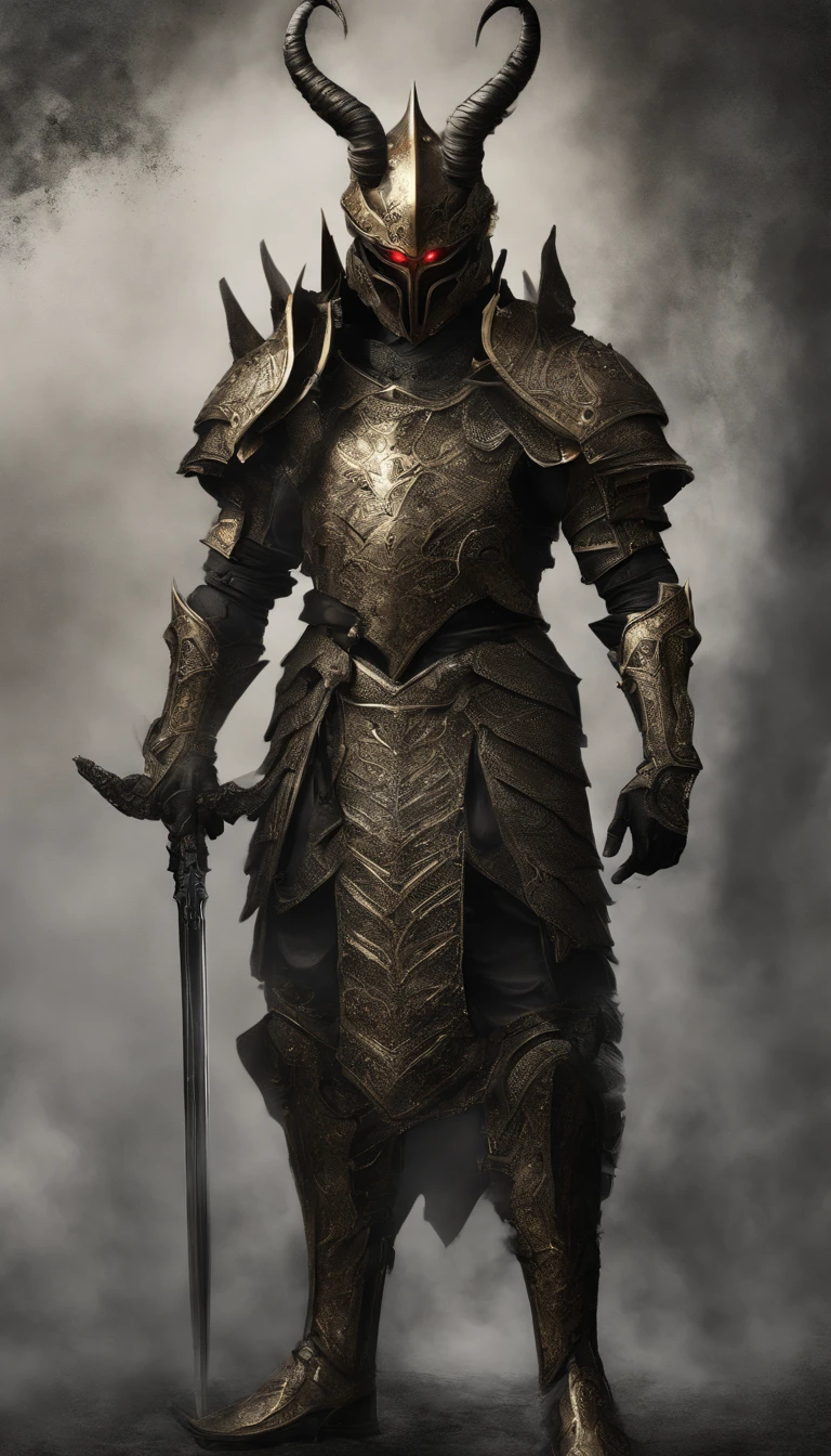 warrior, concept-art, author:Kishiganku, Fantasy art, battleground background, clean render, a horned, Wear a suit of armor, Detailed bushido form smoke, helmet of a forgotten deity, character is standing, 8k Realistic, in game render, detailed face background detail, Art station front page, taur, Pseudo-medieval fantasy, A deity wearing koi armor, detailed bronze armor, Bronze armor, golden etched armor, gold obsidian armor, Light gold armor, Gorgeous filigree armor, A demonic warrior, Gorgeous armor full of thorns, Intricate assasin armor, Intricate metal armor, powerful warrior, Dressed in gorgeous gold armor,Decorated with intricate patterns, The helmet has a large crown and two horns,Glowing red eyes, Everything is in the dark, The smoky background hints at battle scenes, Add an ominous aura to his character,submission, Full body shot.