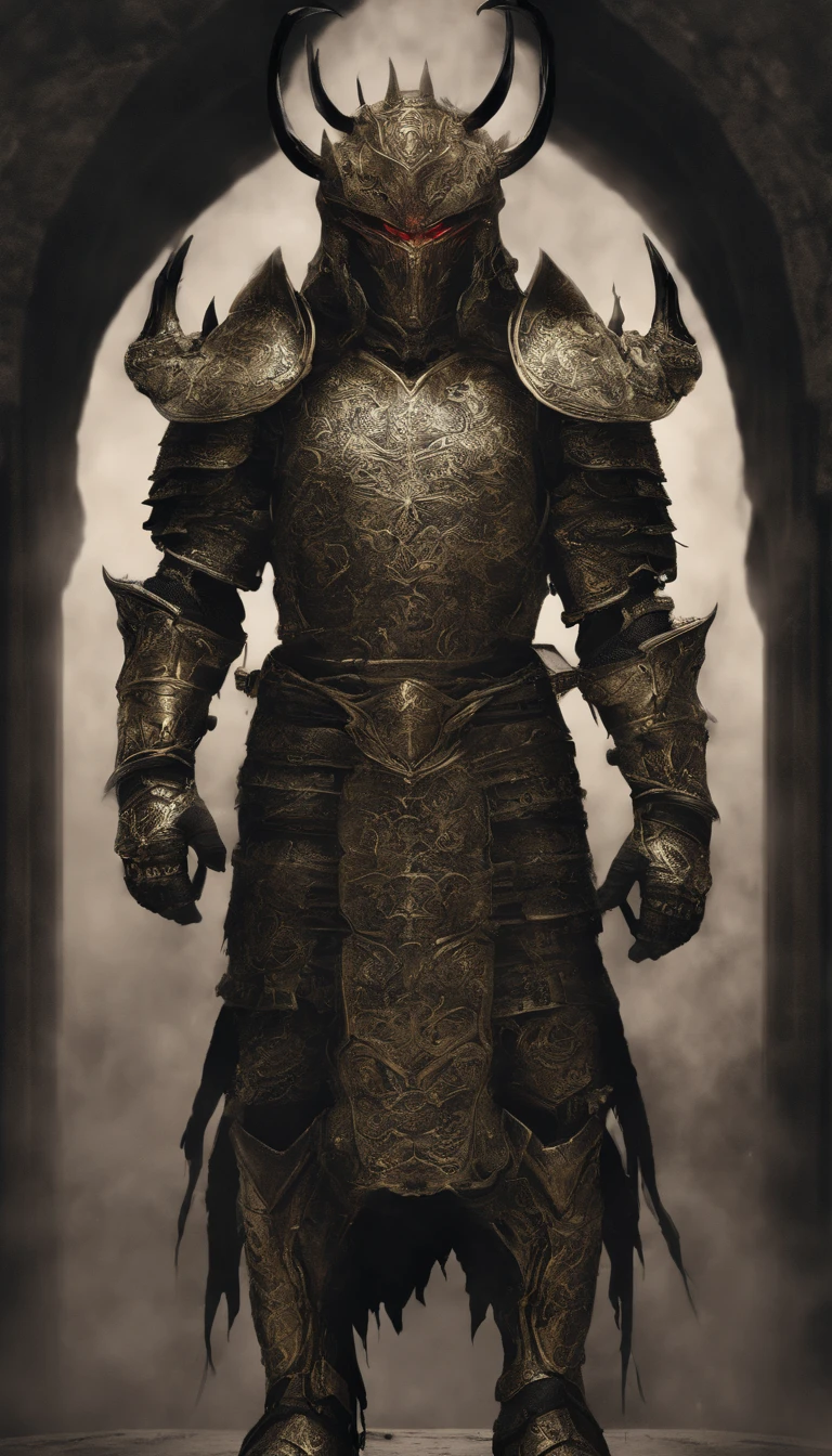 warrior, concept-art, author:Kishiganku, Fantasy art, battleground background, clean render, a horned, Wear a suit of armor, Detailed bushido form smoke, helmet of a forgotten deity, character is standing, 8k Realistic, in game render, detailed face background detail, Art station front page, taur, Pseudo-medieval fantasy, A deity wearing koi armor, detailed bronze armor, Bronze armor, golden etched armor, gold obsidian armor, Light gold armor, Gorgeous filigree armor, A demonic warrior, Gorgeous armor full of thorns, Intricate assasin armor, Intricate metal armor, powerful warrior, Dressed in gorgeous gold armor,Decorated with intricate patterns, The helmet has a large crown and two horns,Glowing red eyes, Everything is in the dark, The smoky background hints at battle scenes, Add an ominous aura to his character,submission, Full body shot.