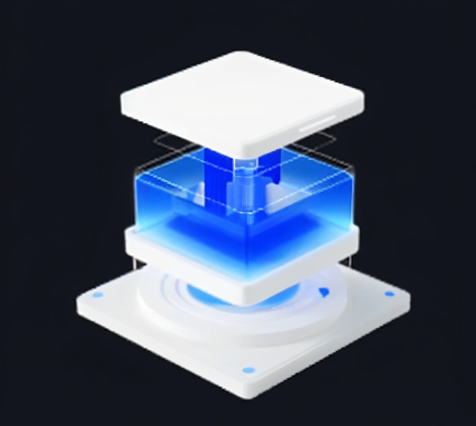 Close up of white and blue objects on black background, 3d appearance, 3d product, made of high tech materials, depicted as a 3 d render, ultra clear material, high quality rendering, twinmotion render, with blue light inside, solid cube of light, Translucent glow, 3d shadowing effect, 3 d nft