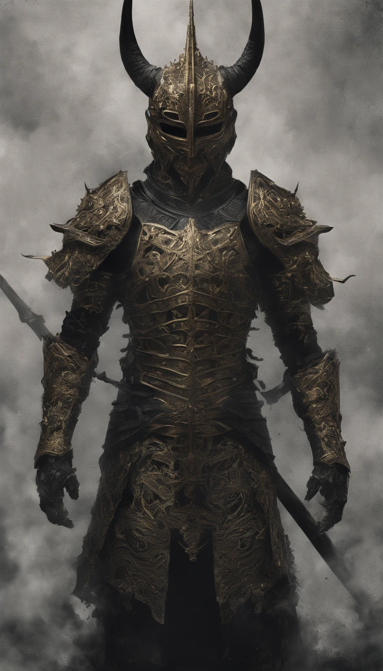 warrior, concept-art, author:Kishiganku, Fantasy art, battleground background, clean render, a horned, Wear a suit of armor, Detailed bushido form smoke, helmet of a forgotten deity, character is standing, 8k Realistic, in game render, detailed face background detail, Art station front page, taur, Pseudo-medieval fantasy, A deity wearing koi armor, detailed bronze armor, Bronze armor, golden etched armor, gold obsidian armor, Light gold armor, Gorgeous filigree armor, A demonic warrior, Gorgeous armor full of thorns, Intricate assasin armor, Intricate metal armor, powerful warrior, Dressed in gorgeous gold armor,Decorated with intricate patterns, The helmet has a large crown and two horns,Glowing red eyes, Everything is in the dark, The smoky background hints at battle scenes, Add an ominous aura to his character,submission, Full body shot.