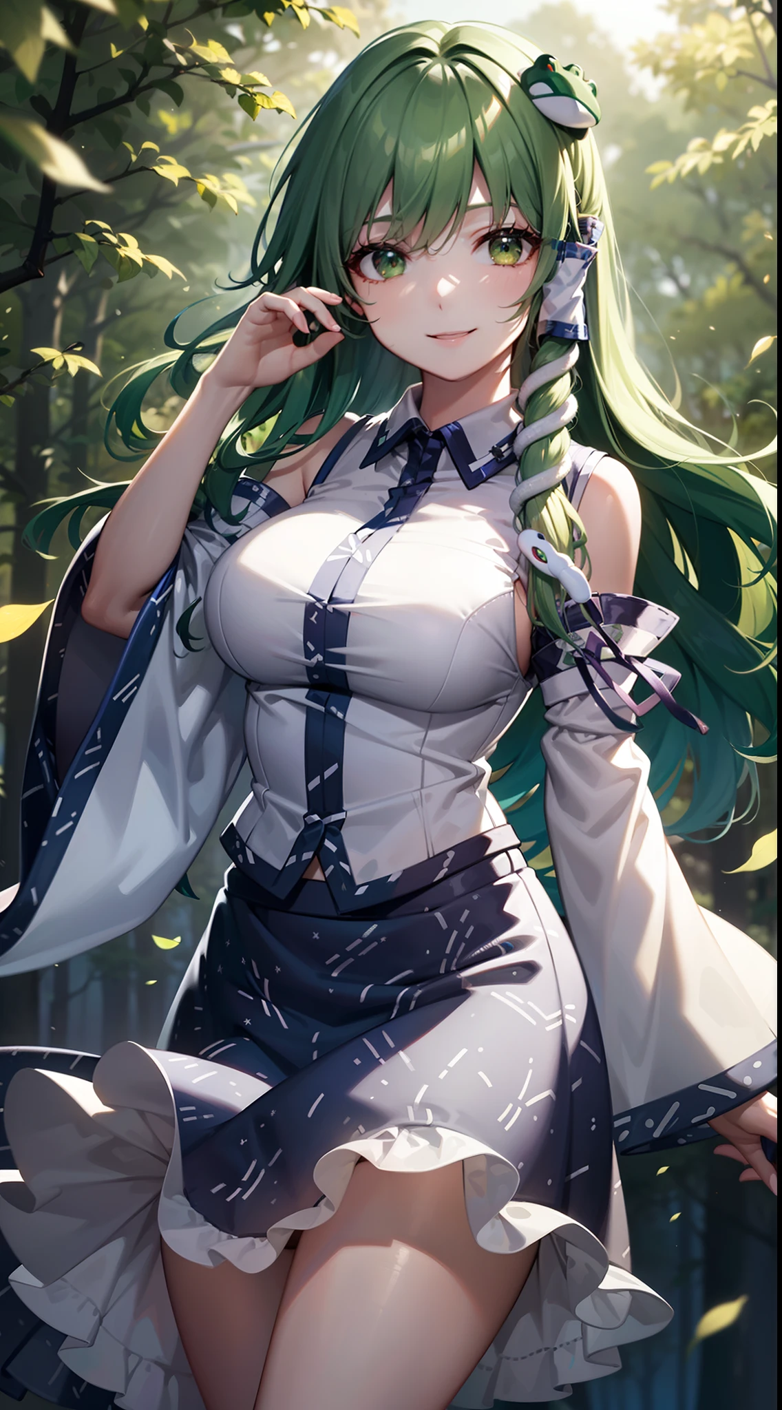 Best Quality,Ultra-detailed,Unity 8k壁纸,extremely details CG,super detailed skin,Detailed,Dynamic lighting,Beautiful detailed eyes,1girl in,kochiya sanae,Smile,Green long hair,Green eyes,frog hair ornament, hair tubes,snake,Detached sleeves,Shirt,Long skirt,forest bathing