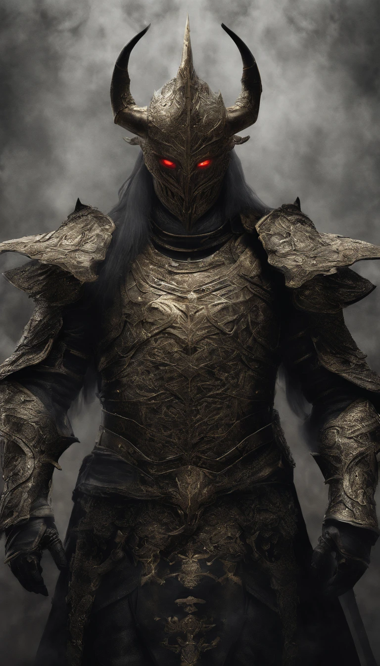 warrior, concept-art, author:Kishiganku, Fantasy art, battleground background, clean render, a horned, Wear a suit of armor, Detailed bushido form smoke, helmet of a forgotten deity, character is standing, 8k Realistic, in game render, detailed face background detail, Art station front page, taur, Pseudo-medieval fantasy, A deity wearing koi armor, detailed bronze armor, Bronze armor, golden etched armor, gold obsidian armor, Light gold armor, Gorgeous filigree armor, A demonic warrior, Gorgeous armor full of thorns, Intricate assasin armor, Intricate metal armor, powerful warrior, Dressed in gorgeous gold armor,Decorated with intricate patterns, The helmet has a large crown and two horns,Glowing red eyes, Everything is in the dark, The smoky background hints at battle scenes, Add an ominous aura to his character,submission, Full body shot.