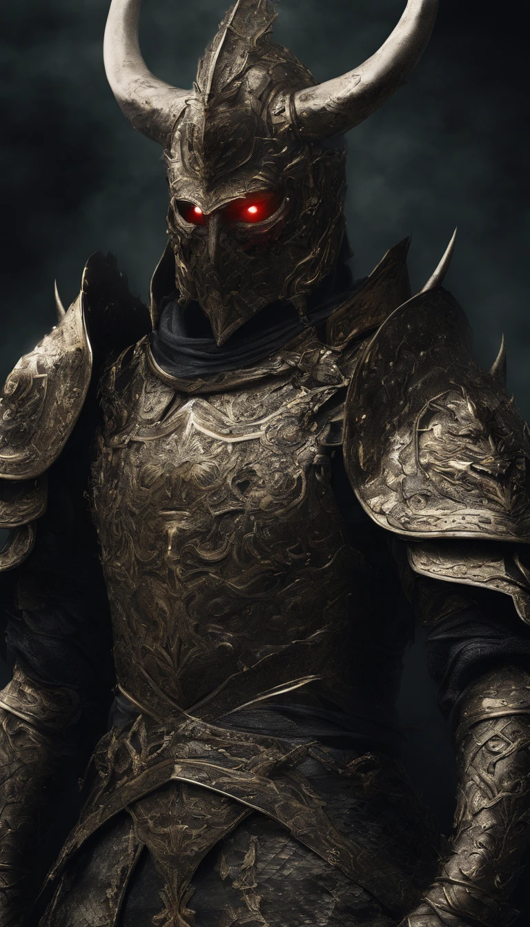 warrior, concept-art, author:Kishiganku, Fantasy art, battleground background, clean render, a horned, Wear a suit of armor, Detailed bushido form smoke, helmet of a forgotten deity, character is standing, 8k Realistic, in game render, detailed face background detail, Art station front page, taur, Pseudo-medieval fantasy, A deity wearing koi armor, detailed bronze armor, Bronze armor, golden etched armor, gold obsidian armor, Light gold armor, Gorgeous filigree armor, A demonic warrior, Gorgeous armor full of thorns, Intricate assasin armor, Intricate metal armor, powerful warrior, Dressed in gorgeous gold armor,Decorated with intricate patterns, The helmet has a large crown and two horns,Glowing red eyes, Everything is in the dark, The smoky background hints at battle scenes, Add an ominous aura to his character,submission, Full body shot.