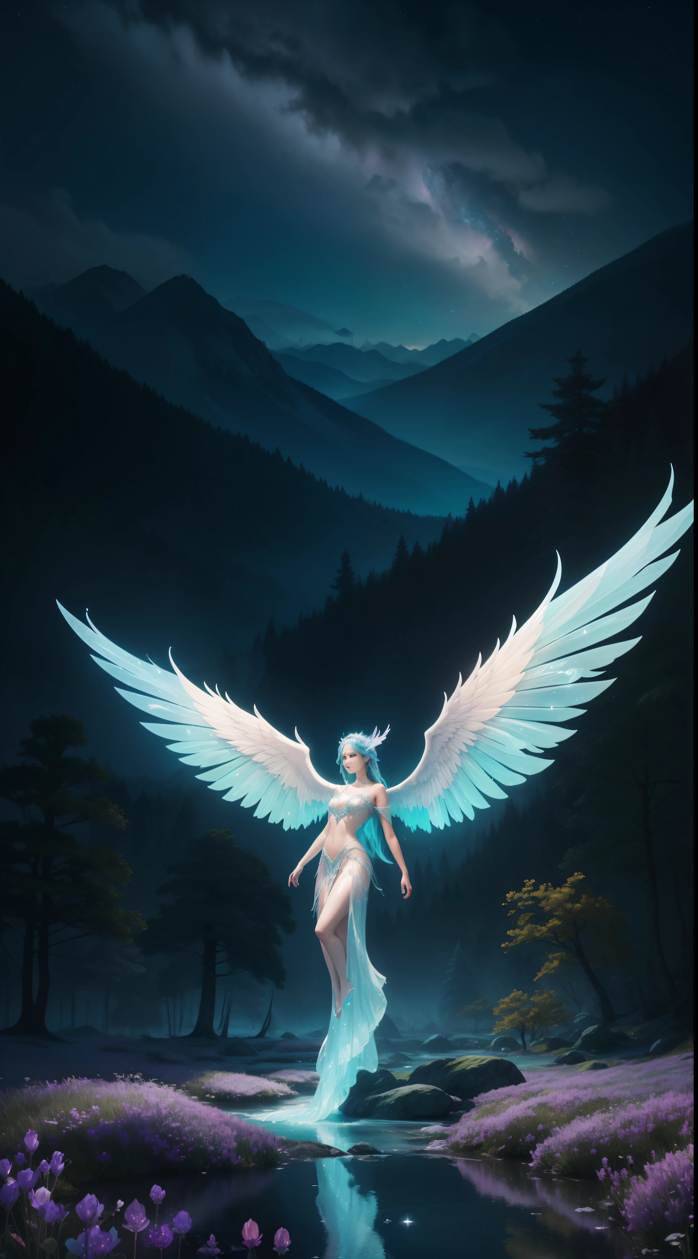 Ethereal spires of crystalline forests reach for iridescent skies, where opalescent rivers weave through meadows of luminescent flora. Mountains of prismatic stone guard secrets within their heart, while winged creatures with phosphorescent wings dance among stars that never fade. A realm where magic and wonder blend in boundless harmony.