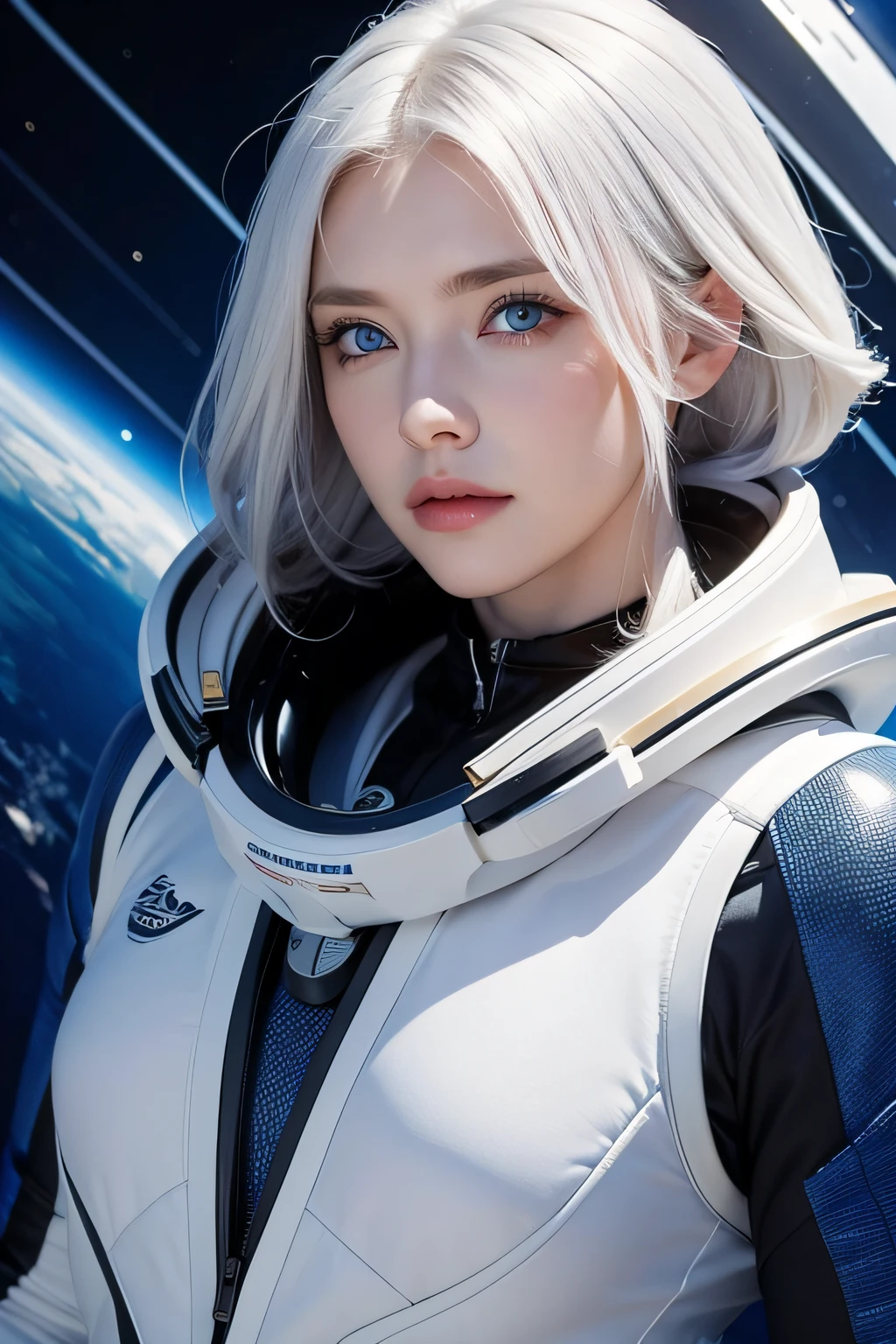 best quality, ultra high res, (photorealistic:1.4), depth of field ,beautiful face, (PureErosFace_V1:0.8), half body, | | 1girl, medium breast, (white hair:1.3), short hair, innocent smile, natural make up, | | model pose, | | (astronaut suit:1.3), (blue armor:1.3), intricate design, | | space background, star_\(sky\), moon light, night time, | |