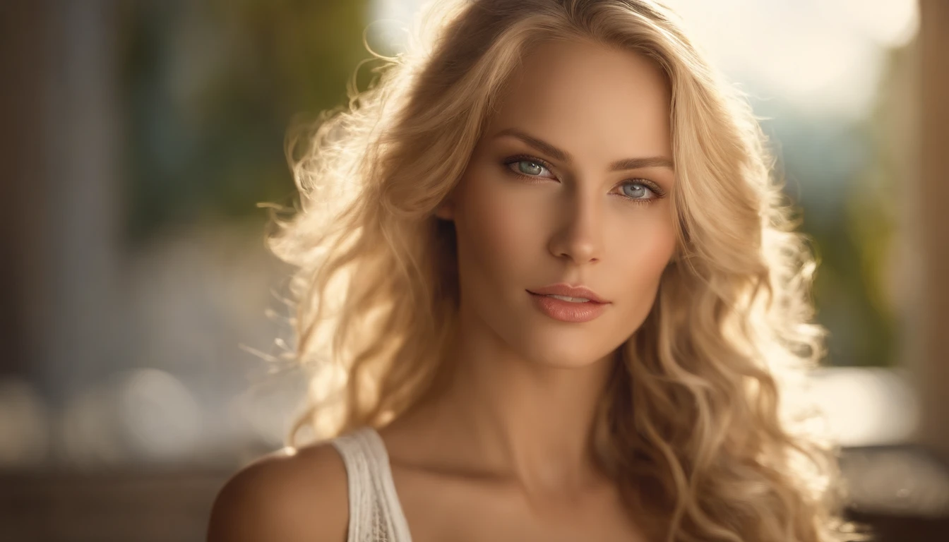 Young and beautiful woman, Gorgeous woman with very long wavy blonde hair, Delicate and seductive eyes, Long sexy legs, Woman in white tank top and ripped jeans, ((Detailed facial features)), (fine detailed skin), pale-skin, Realistic Skin Textures, Extreme skin details, (Pores:1.2), best quality masterpiece, Photorealistic, A hyper-realistic, detailed, 8K, HDR, (Soft color: 1.2), shallow depth of field, wide light, High contrast, Back lighting, Bloom, Twinkling light, chromatic aberration, Sharp focus, RAW color photos
