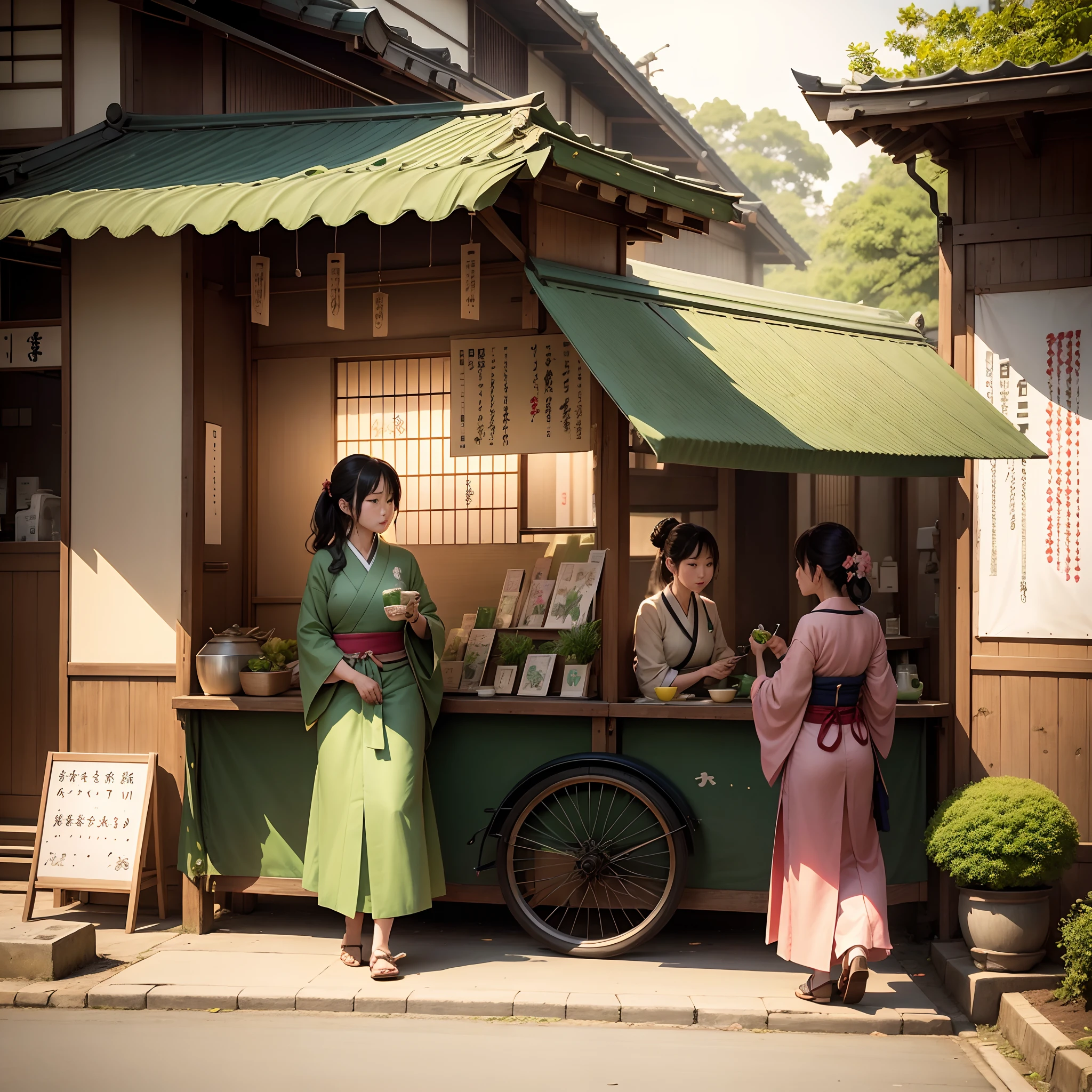 Create a beautiful artwork depicting Japanese individuals enjoying green tea at a street tea stall in the gentle morning sunlight, capturing the serene ambiance and traditional elements.