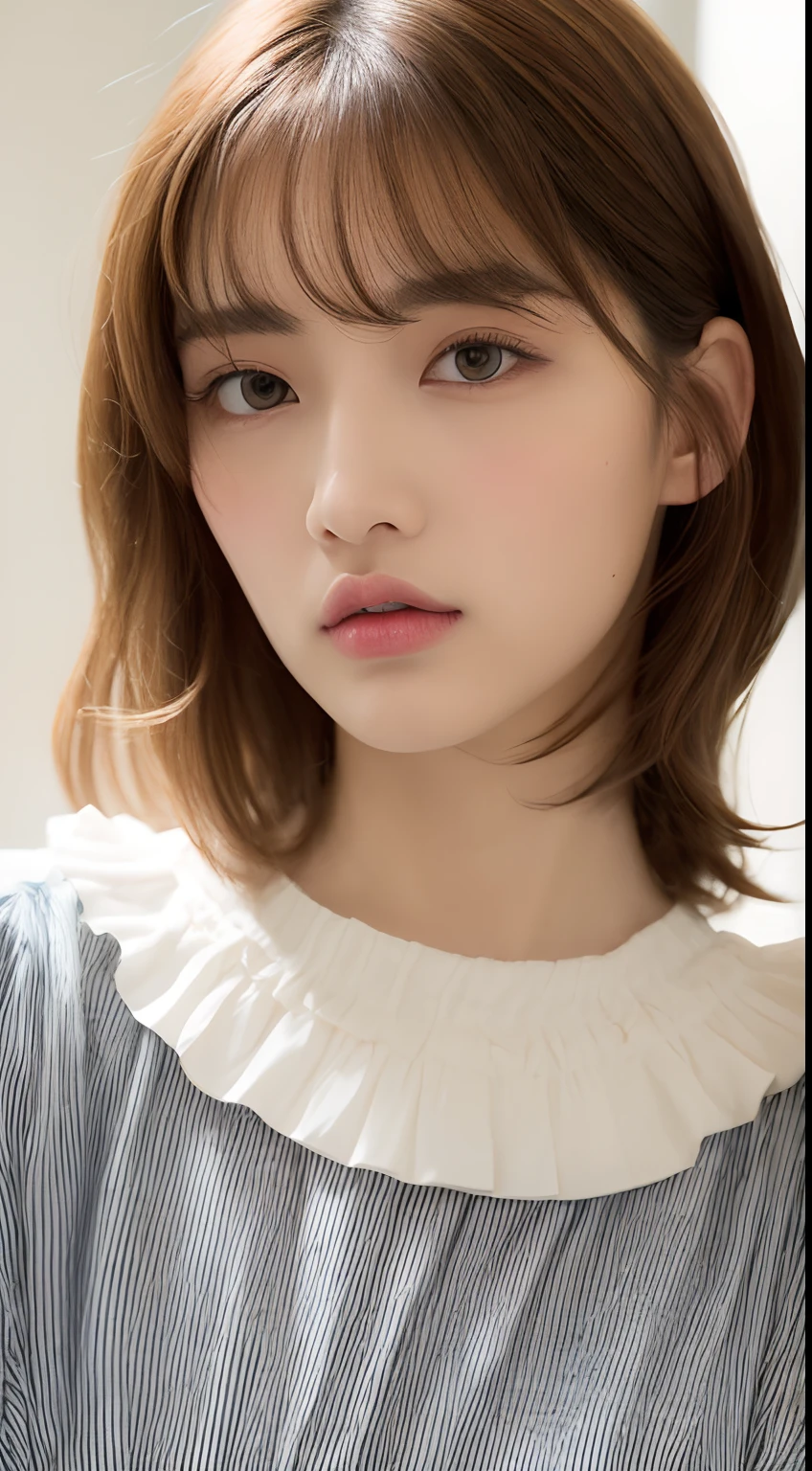 one beautiful Japanese model ,Unique hair details, Dior blouse, frill yellow pattern, Near future, Curvilinear details , detailed eyes, double eyelid, plump lips, Two-Tier Inverted shaggy hair, professional makeup, hyper res