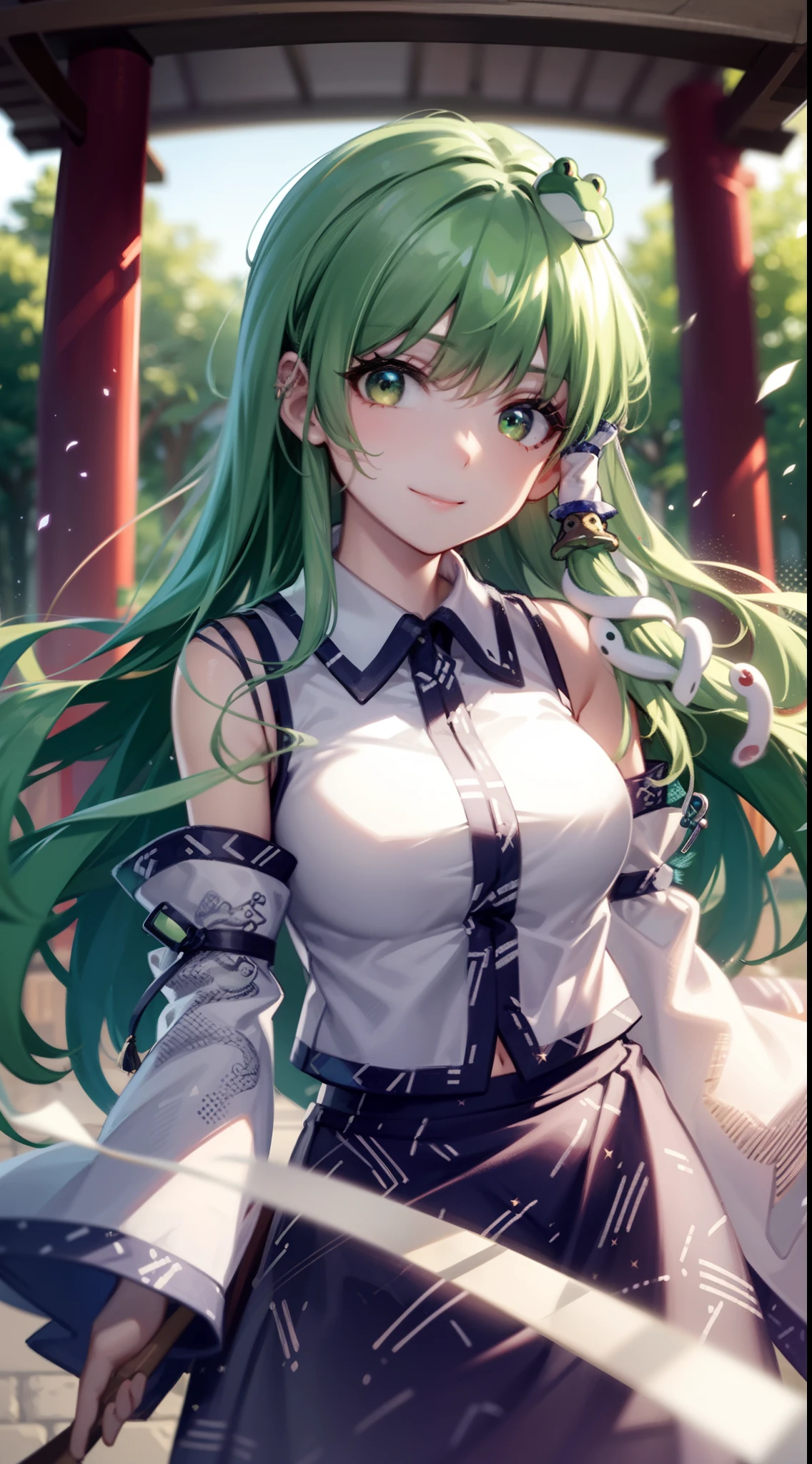 Best Quality,Ultra-detailed,Unity 8k壁纸,extremely details CG,super detailed skin,Detailed,Dynamic lighting,Beautiful detailed eyes,1girl in,kochiya sanae,Smile,Green long hair,Green eyes,frog hair ornament, hair tubes,snake,Detached sleeves,Shirt,Long skirt,In front of the shrine,red torii