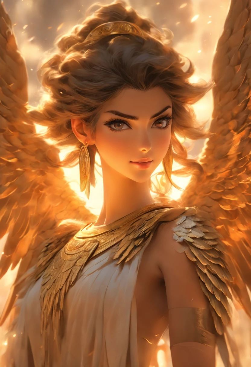 (((Woman with Wings))) best quality, ultra-high resolution, 4K detailed CG, master piece,ISHTAR,Brunette woman,adornments,asas, necklace, Arabic clothing, (((flying))), cuneiform ,Mythology Mesopotamian, Cadians, Babylonians, Assyrians, Painting style, aesthetics, Beautiful image, depth of field, centered on canvas, full body