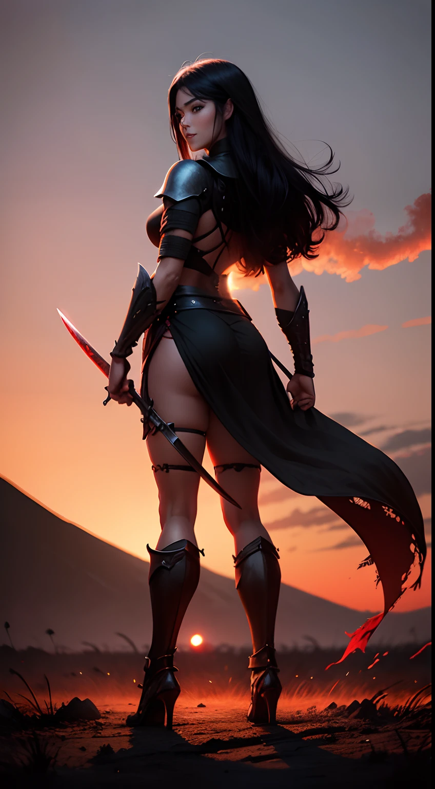 Rear view of beautiful female warrior standing with sword in burnt field at night turn、Look at me with a sexy smile Bright red sky, Big Moon Japanese actressl Smooth black hair full body Esbian Looking at the camera