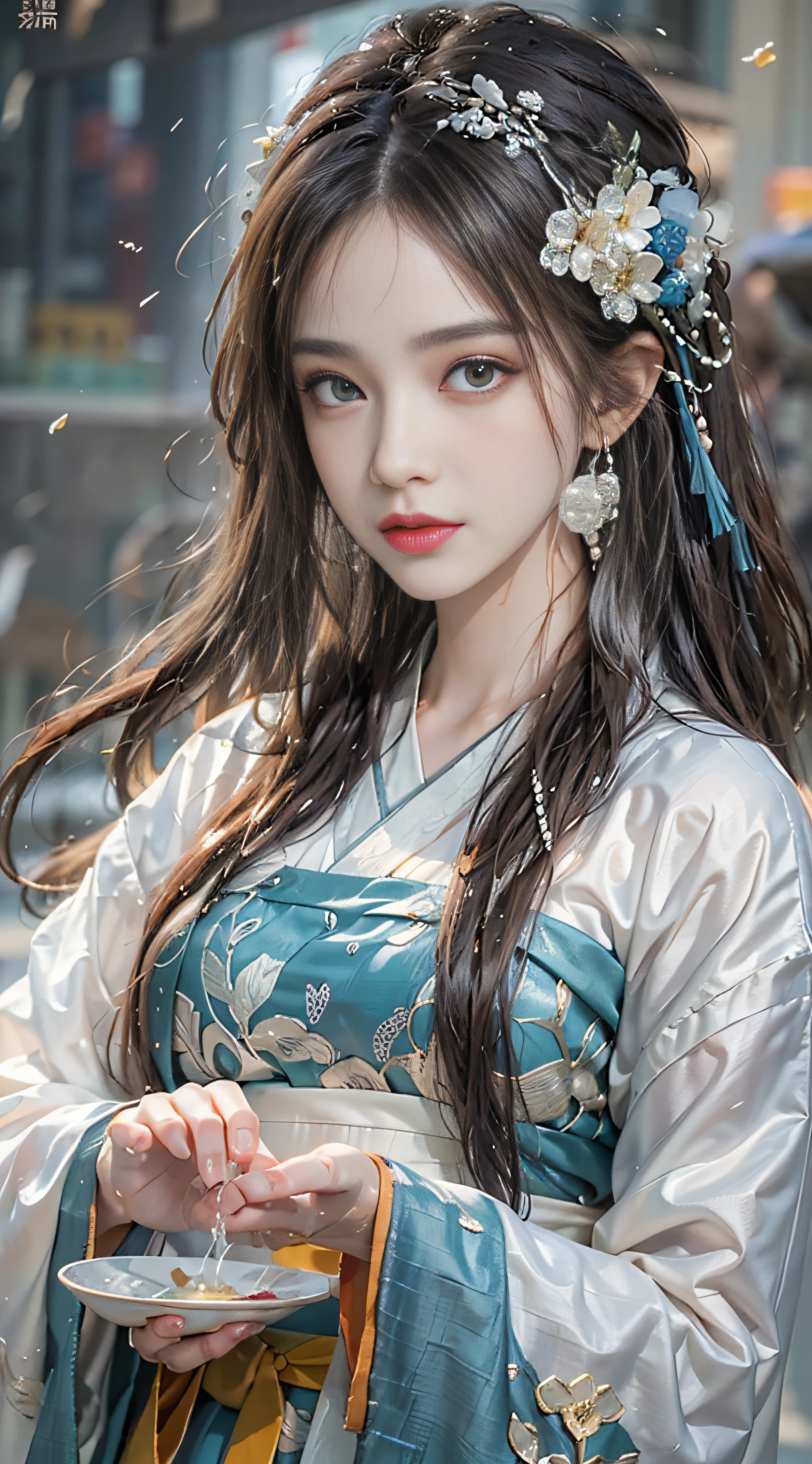 Photorealistic, high resolution, Colorful, colored splashing, Splash, 1 girl, Solo, Hips up, Beautiful eyes, Long hair, Medium breast, Intricate damask hanfu, Gorgeous accessories, Wearing pearl earrings