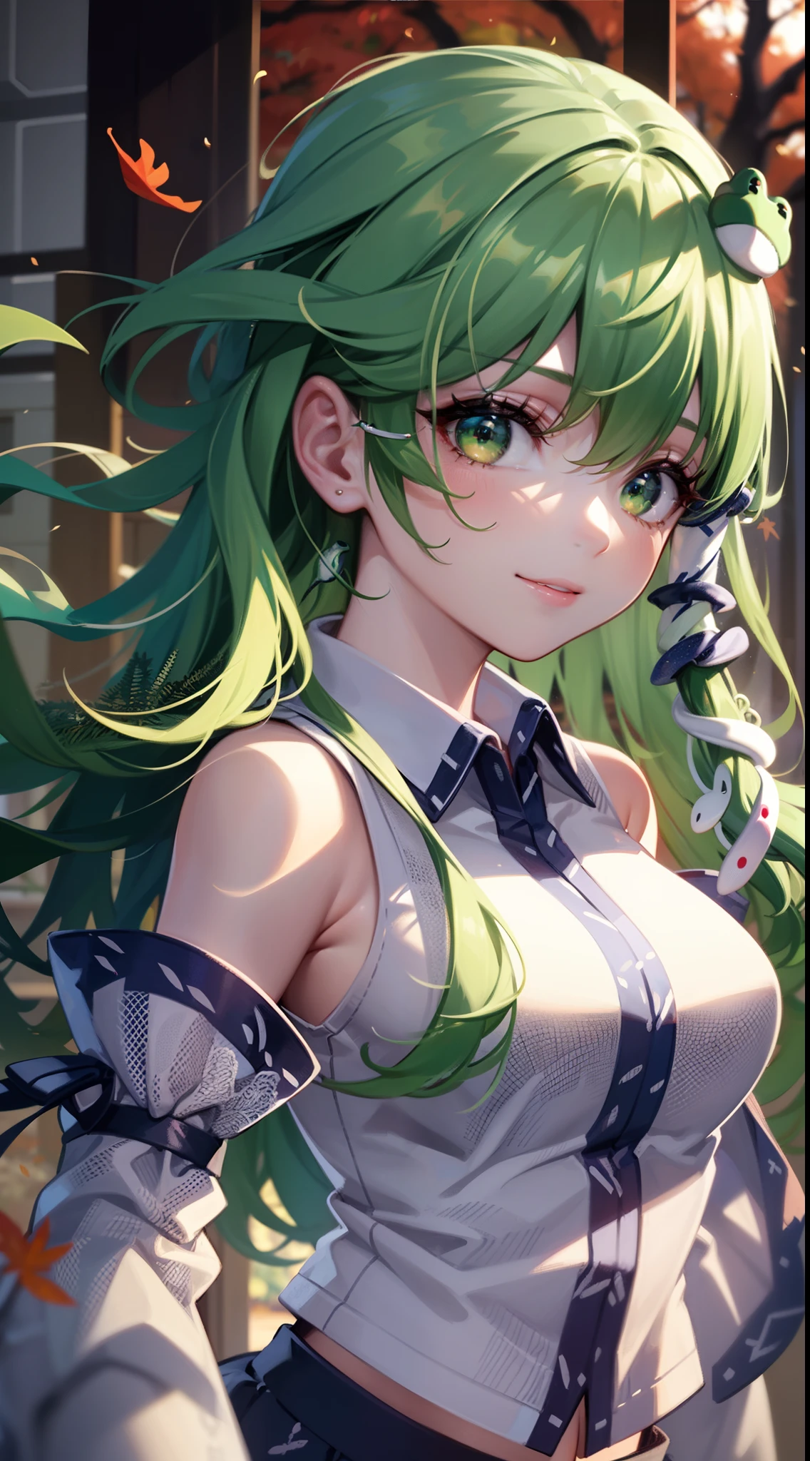 Best Quality,Ultra-detailed,Unity 8k壁纸,extremely details CG,super detailed skin,Detailed,Dynamic lighting,Beautiful detailed eyes,1girl in,kochiya sanae,Smile,Green long hair,Green eyes,frog hair ornament, hair tubes,snake,Detached sleeves,Shirt,Long skirt,autumn leaves