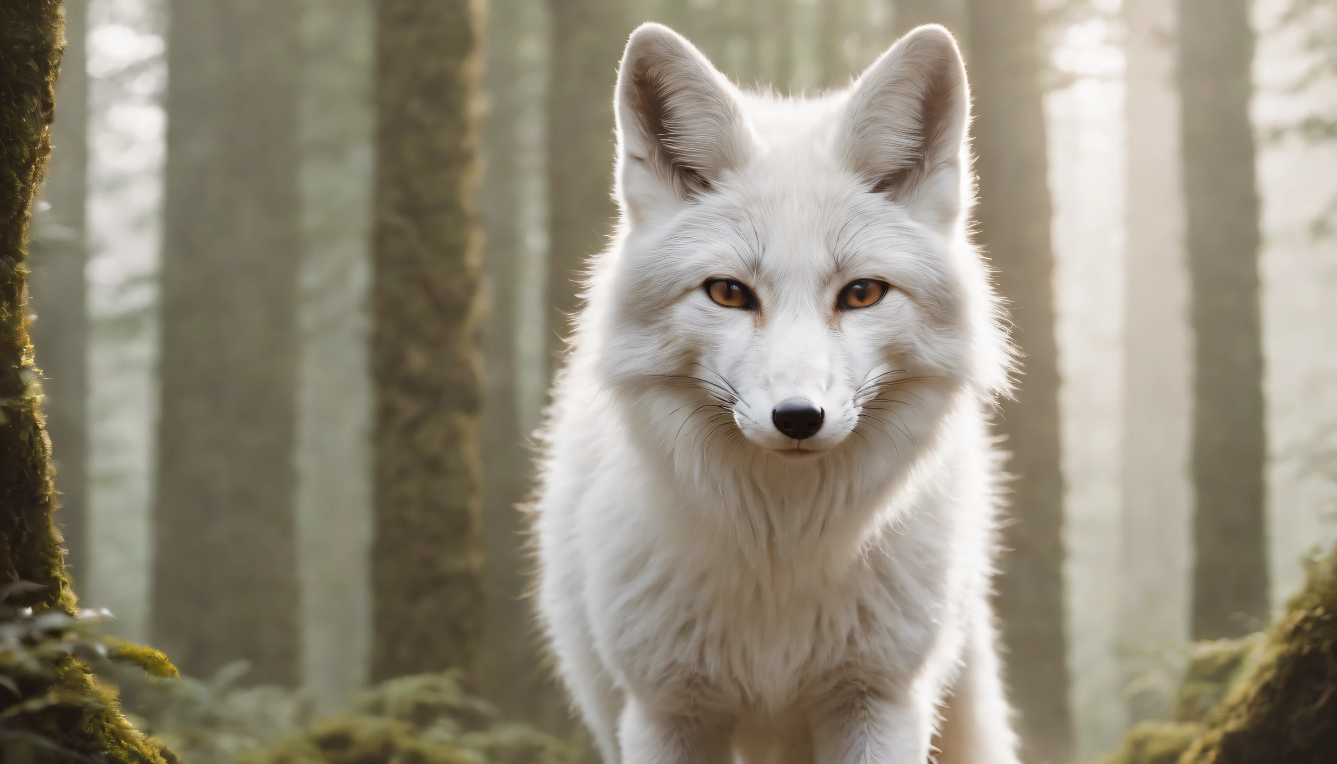 a [white fox] walking through a portal | in the style of zen buddhism influence and post-apocalyptic landscapes | spring season | portrait paintings; mote kei; iconic; realistic portrayal