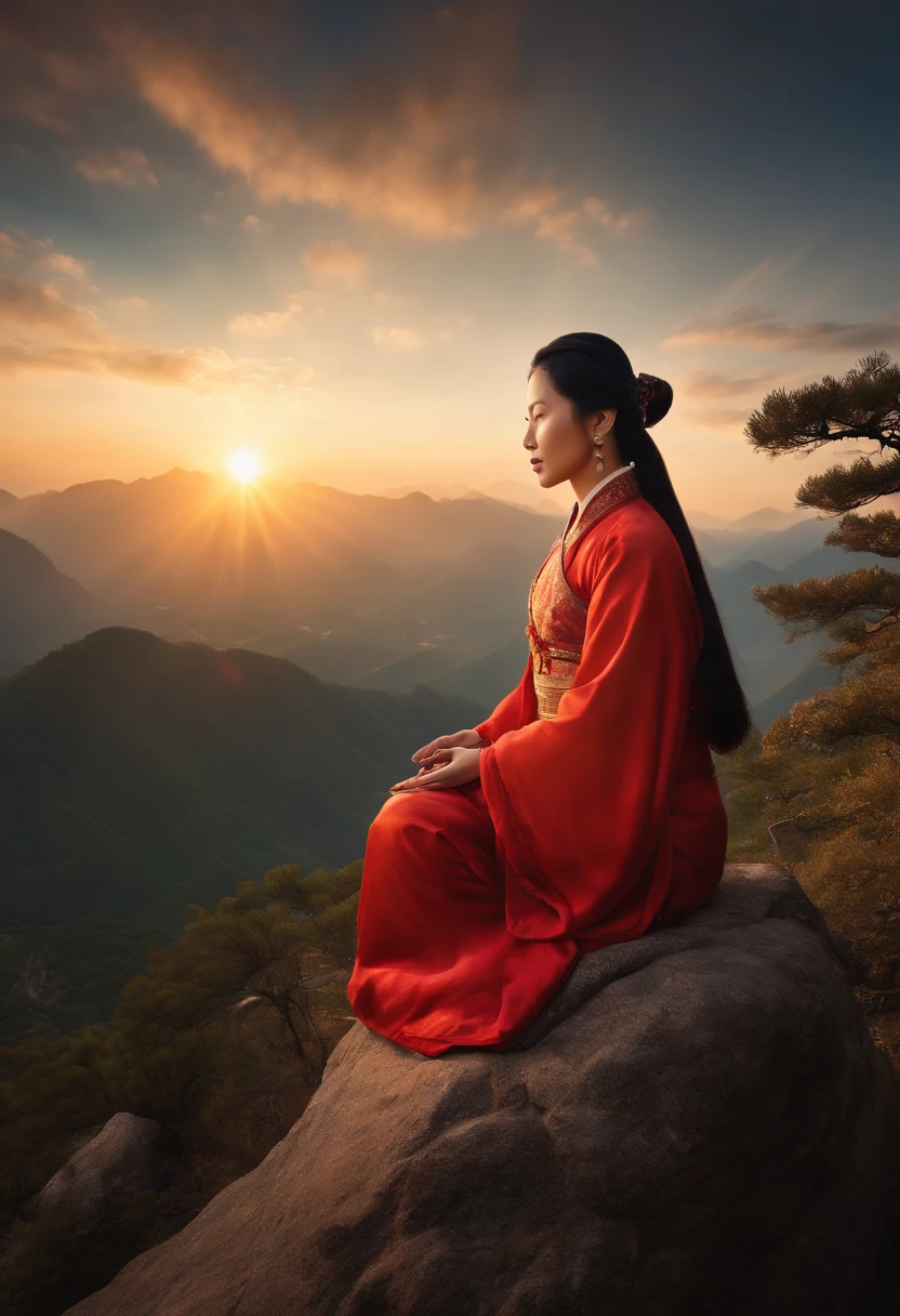 Antique Chinese woman meditating on the top of a mountain,,sunraise, Pubic area is clear