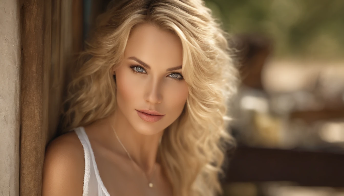 Young and beautiful woman, Gorgeous woman with very long wavy blonde hair, Delicate and seductive eyes, Long sexy legs, Woman in white tank top and ripped jeans, ((Detailed facial features)), (fine detailed skin), Rejuvenated skin, (Realistic Skin Textures:1.5), Extreme skin details, (Pores:1.2), best quality masterpiece, Photorealistic, A hyper-realistic, detailed, 8K, HDR, (Soft color: 1.2), shallow depth of field, wide light, High contrast, frontlit, Bloom, Twinkling light, chromatic aberration, Sharp focus, RAW color photos