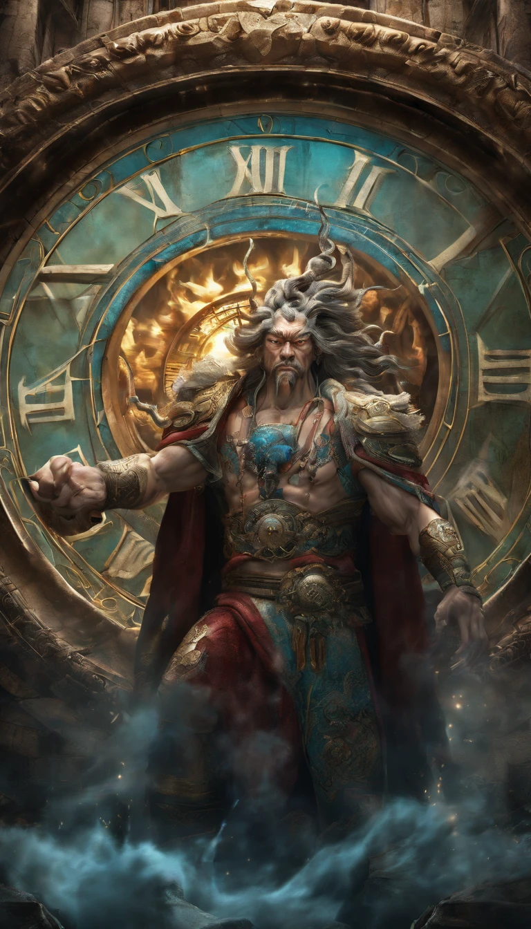 Chinese mythological figures, This is a tall and kind Taoist giant,The body is wrapped in a transparent illuminated chain, exquisitedetails, In the background is a huge transparent glowing clock, In dynamic and dynamic scene style, dispersion, Surreal fantasy, dynamic blur, A sense of concentration that hits the soul, Long exposure, cinematic Film still from, Light amber and blue-green, swirling vortexes, Superheroes, Crazy details