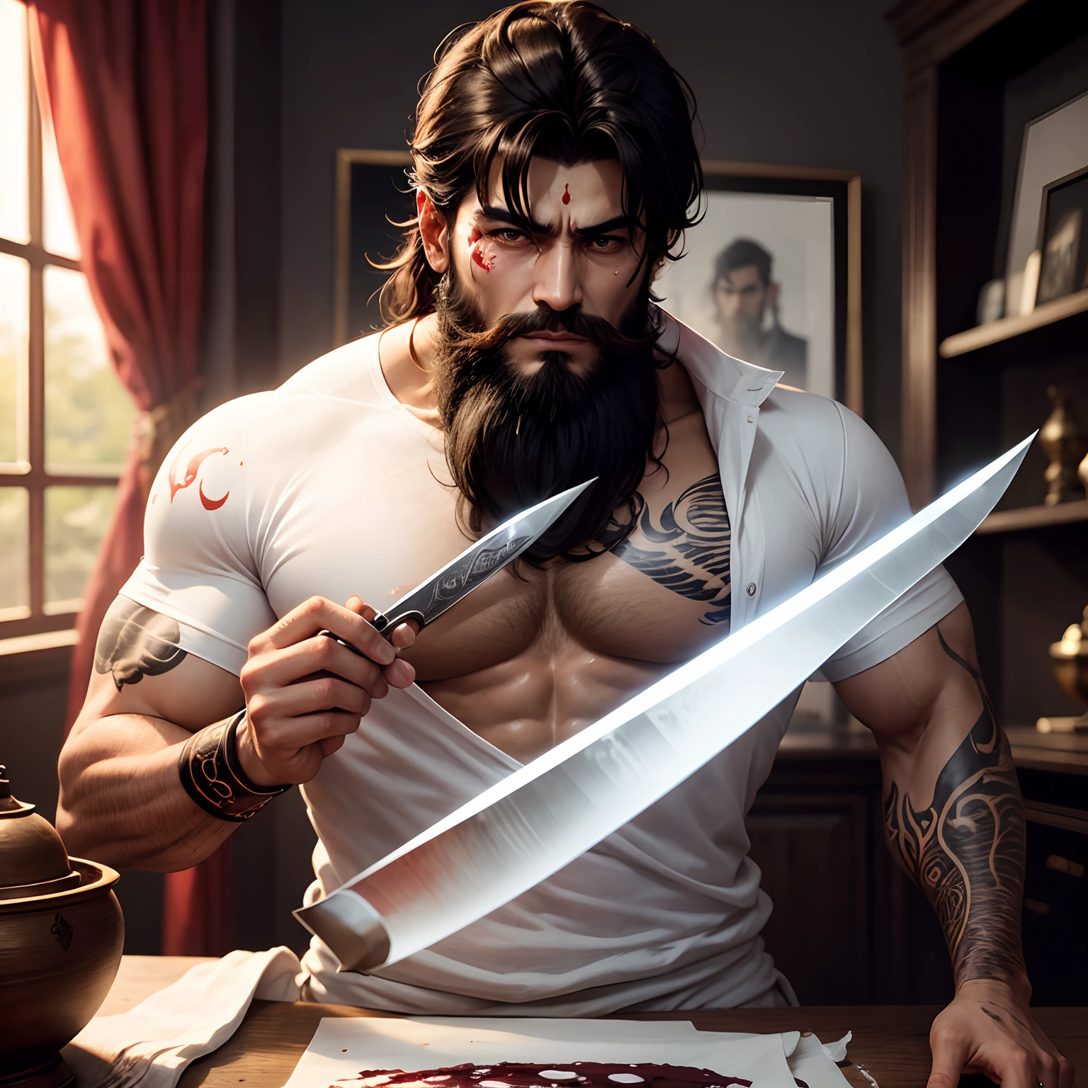 Shah ruk khan with white shirt blood on it , tatoo of scorpio in hand , full beard , holding knife