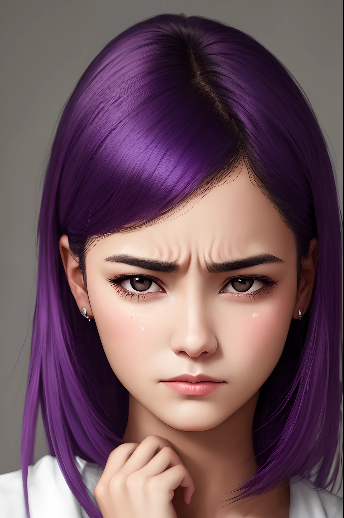 retrato real, rosto de mulher jovem, cabelos liso roxo, Expression of sadness crying, Side position, hands on face, fundo preto, 4K分辨率, highes definition.