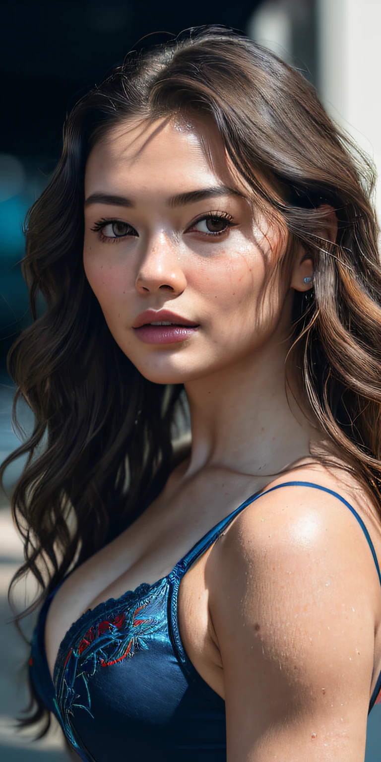 Full face portrait photo of 25 year old European girl, RAW, beautiful woman, semi-open strawberry lip, dimples, wistful expression, (brown hair with extra long wavy), ((detailed face)), ((detailed facial features)), (fine detailed skin), pale skin, cyberpunk megacity environment, (cool color), moist, damp, reflection, (masterpieceShot with Canon EOS R5 (detail) (Realistic photos) (Detailed details) 50mm lens, f/2.8, HDR, (8k) (wallpaper) (cinematic lighting) (dramatic lighting) (sharp focus) (complex), RAW photography, RAW photography, gigachad photography, camera pose, black jeans, back arm, 8k uhd, dslr, high quality, Grain Film, Fujifilm XT3, Film Stock Photo 4 Kodak Portra 400 Camera F1.6 Lens Rich colors Ultra-realistic textures Dramatic lighting Unreal Engine Art Station Trends Cinestill 800 Tungsten, Toughboy Style, Ultra Focus Face, Intimidating, Fighting Position, Short Messy Hair, Muscles, Bursting Veins, Beads, (( Lingerie set with dark blue embroidery)), ((dark blue camisole thin)),