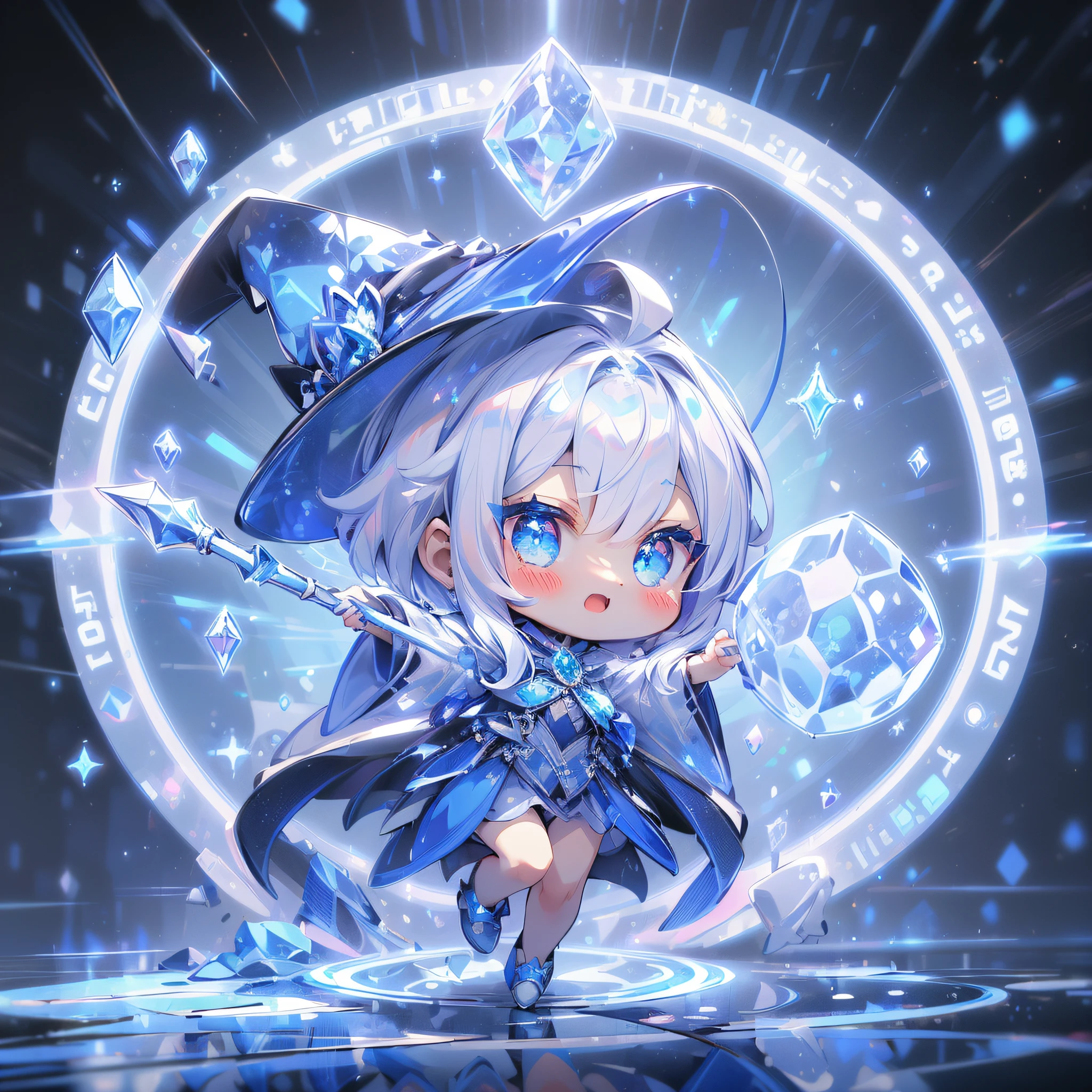 (Sapphire Masterpiece 1.3), (Best Quality), (ultra-detailliert), (girl with), (Solo), (Cool), Full body, (Hold the mage's wand:1.10), Skirt, shoes, Ahoge, (White Witch Robe:1.4), (White Witch Hat), (Dynamic Pose:1.6), (((Chibi Character))), (((Deformed))), (ice effect:1.3), (Sparkle effect:1.3), (Ice particles are dancing:1.5), (blue aura:1.5), (ice field:1.1), (Ice Magic:1.2) ,(Magic Circle:1.2), (ice background),