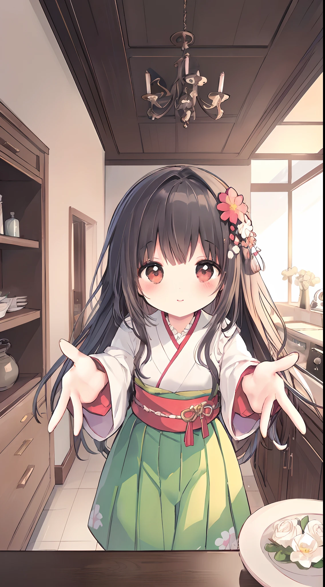 (small short figure girl, motherly, cute and petite girl little sister aura:1.5), detached sleeve, Married, Japanese bride, loving wife, Wedding, wedding hakama skirt, yamato nadeshiko, 1girl, solo, outdoor, cute japanese model girl, very long hair, floral print, wedding hair ornament, wedding kimono, hakama, bangs, (in the kitchen, welcome home:1.3), (masterpiece, best quality, HD Pictures, 4K:1.4), gentle eyes, gentle look to viewer, gentle smile, gentle eyes, mature looking, pinkish cheeks, very detailed eyes, very detailed pupils, very detailed hair, furisode, flower head accesories, from front pov, detailed face, full body, look up to viewer, leaning forward to viewer, detailed long black hair, (open arms for viewer, want to hug viewer, blushing red cheeks:1.5)