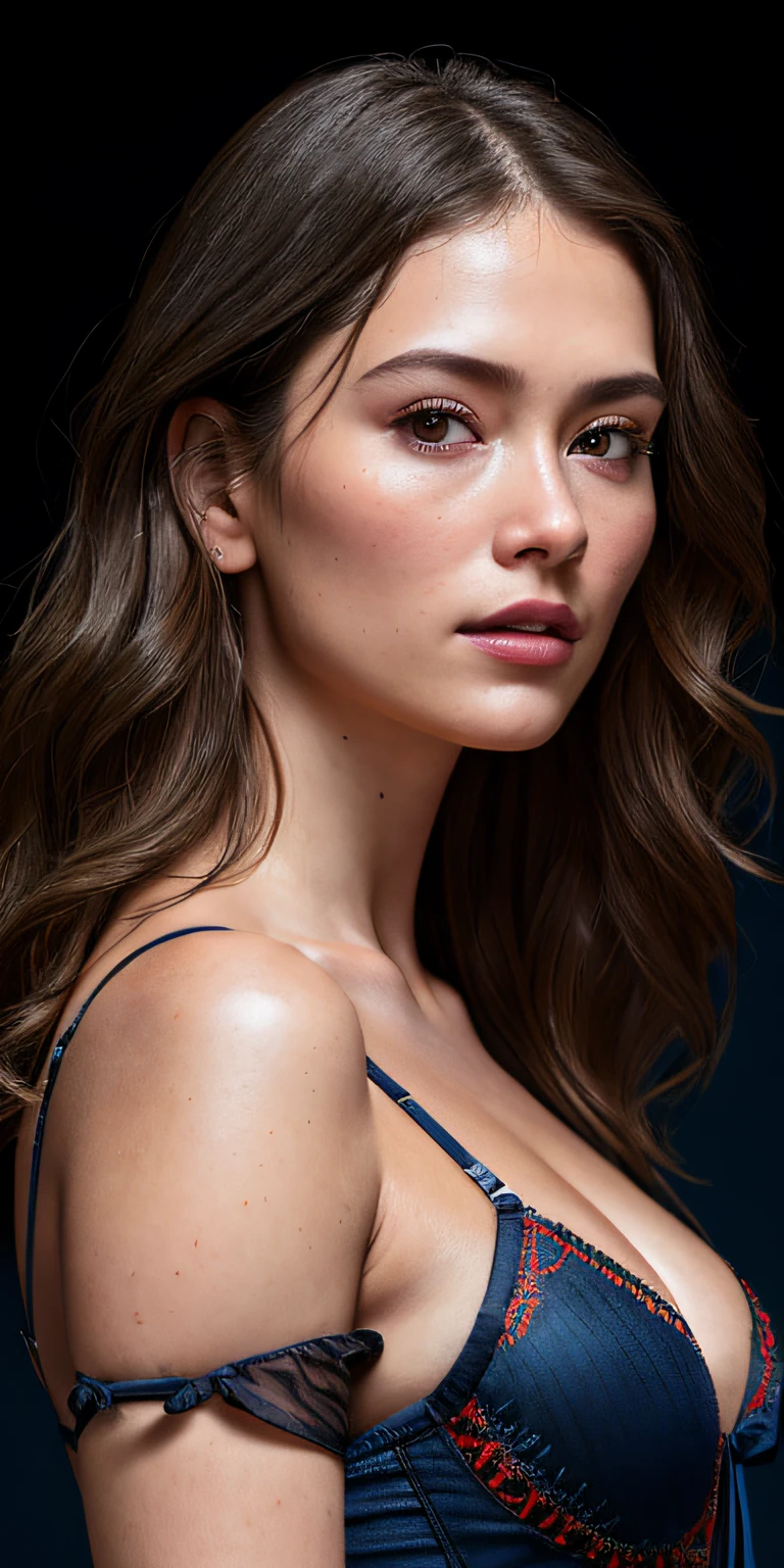 Full face portrait photo of 25 year old European girl, RAW, beautiful woman, semi-open strawberry lip, dimples, wistful expression, (brown hair with extra long wavy), ((detailed face)), ((detailed facial features)), (fine detailed skin), pale skin, cyberpunk megacity environment, (cool color), moist, damp, reflection, (masterpieceShot with Canon EOS R5 (detail) (Realistic photos) (Detailed details) 50mm lens, f/2.8, HDR, (8k) (wallpaper) (cinematic lighting) (dramatic lighting) (sharp focus) (complex), RAW photography, RAW photography, gigachad photography, camera pose, black jeans, back arm, 8k uhd, dslr, high quality, Grain Film, Fujifilm XT3, Film Stock Photo 4 Kodak Portra 400 Camera F1.6 Lens Rich colors Ultra-realistic textures Dramatic lighting Unreal Engine Art Station Trends Cinestill 800 Tungsten, Toughboy Style, Ultra Focus Face, Intimidating, Fighting Position, Short Messy Hair, Muscles, Bursting Veins, Beads, (( Lingerie set with dark blue embroidery)), ((dark blue camisole thin)),
