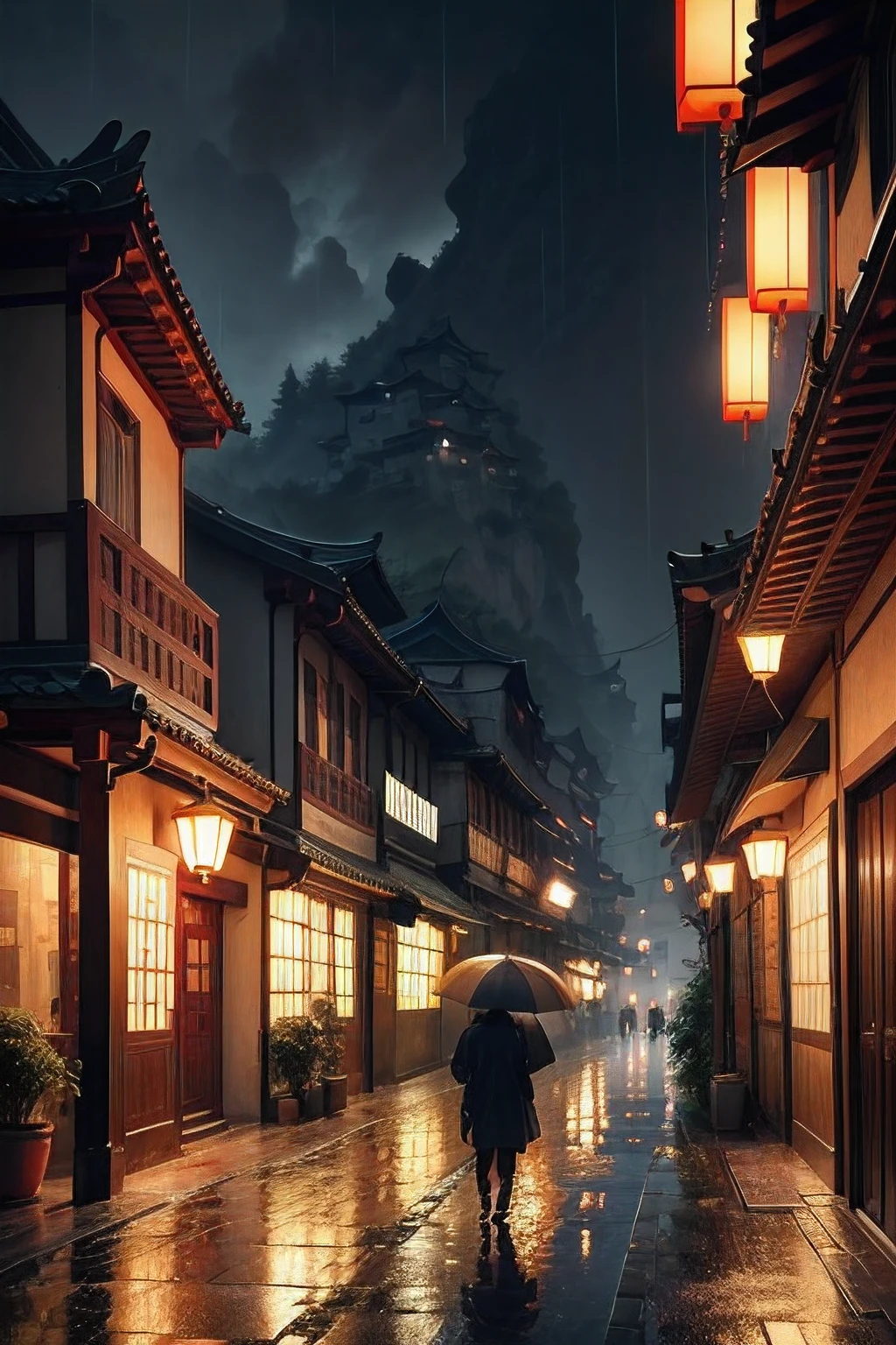 Arafed view of a village，a lot of lights on the buildings，dreamy Chinese towns，Chinese Village，amazing wallpapers，surreal photo of a small town，old asian village，Quaint town，Raymond Han，rainy evening, Cyberpunk classical Chinese town, Well-lit building, In the evening in the rain, Beautiful and aesthetic, photography of, cinematic ligh, 8k, high detal ((very heavy rain))