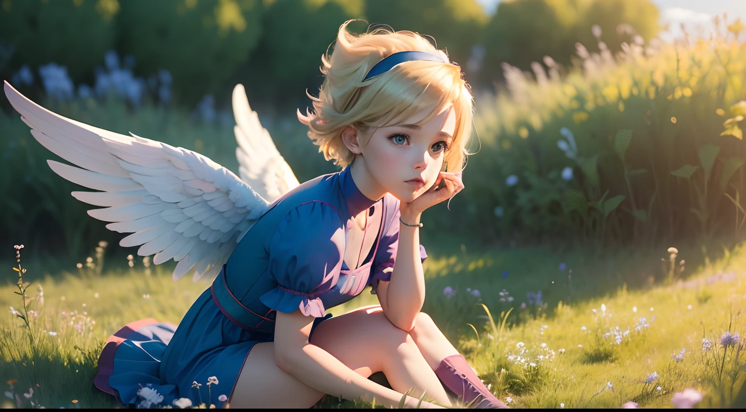 (best quality,4k,8k,highres,masterpiece:1.2),ultra-detailed,(realistic,photorealistic,photo-realistic:1.37), blonde-haired girl, blue headband, pink wings, blue dress, long sleeves, bracelet ,blue boots, sitting in a grass field, looking up at the sky, illustration style, vibrant colors, warm color tone, soft lighting, its wings are pink, angel wings, asa rosa, (cabelo curto: 1.6)