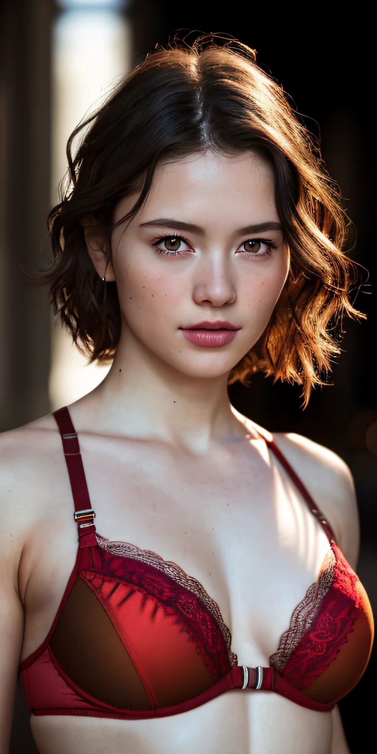 Full face portrait photo of 25 year old European girl, RAW, beautiful woman, semi-open strawberry lip, dimples, wistful expression, (brown hair with extra long wavy), ((detailed face)), ((detailed facial features)), (fine detailed skin), pale skin, cyberpunk megacity environment, (cool color), moist, damp, reflection, (masterpieceShot with Canon EOS R5 (detail) (Realistic photos) (Detailed details) 50mm lens, f/2.8, HDR, (8k) (wallpaper) (cinematic lighting) (dramatic lighting) (sharp focus) (complex), RAW photography, RAW photography, gigachad photography, camera pose, black jeans, back arm, 8k uhd, dslr, high quality, Grain Film, Fujifilm XT3, Film Stock Photo 4 Kodak Portra 400 Camera F1.6 Lens Rich colors Ultra-realistic textures Dramatic lighting Unreal Engine Art Station Trends Cinestill 800 Tungsten, Toughboy Style, Ultra Focus Face, Intimidating, Fighting Position, Short Messy Hair, Muscles, Bursting Veins, Beads, (( bright red lingerie set)),