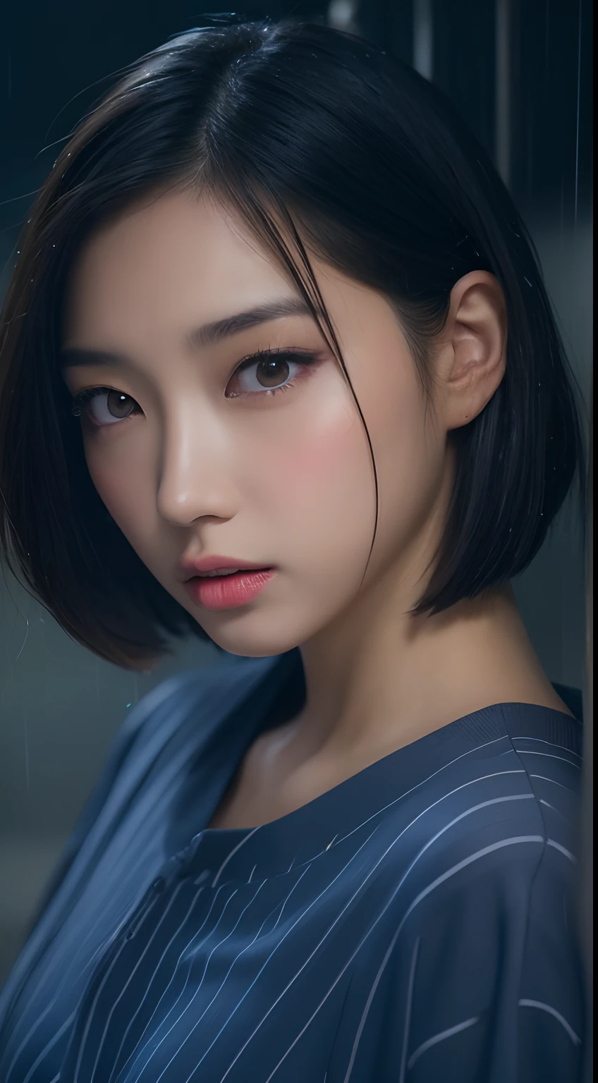 masterpiece, best quality, (dark photo:1.3), photorealistic, 1girl, flat bangs, stunning innocent symmetry face, shirt, emotional, ulzzang, (PureErosFace_V1:0.7)