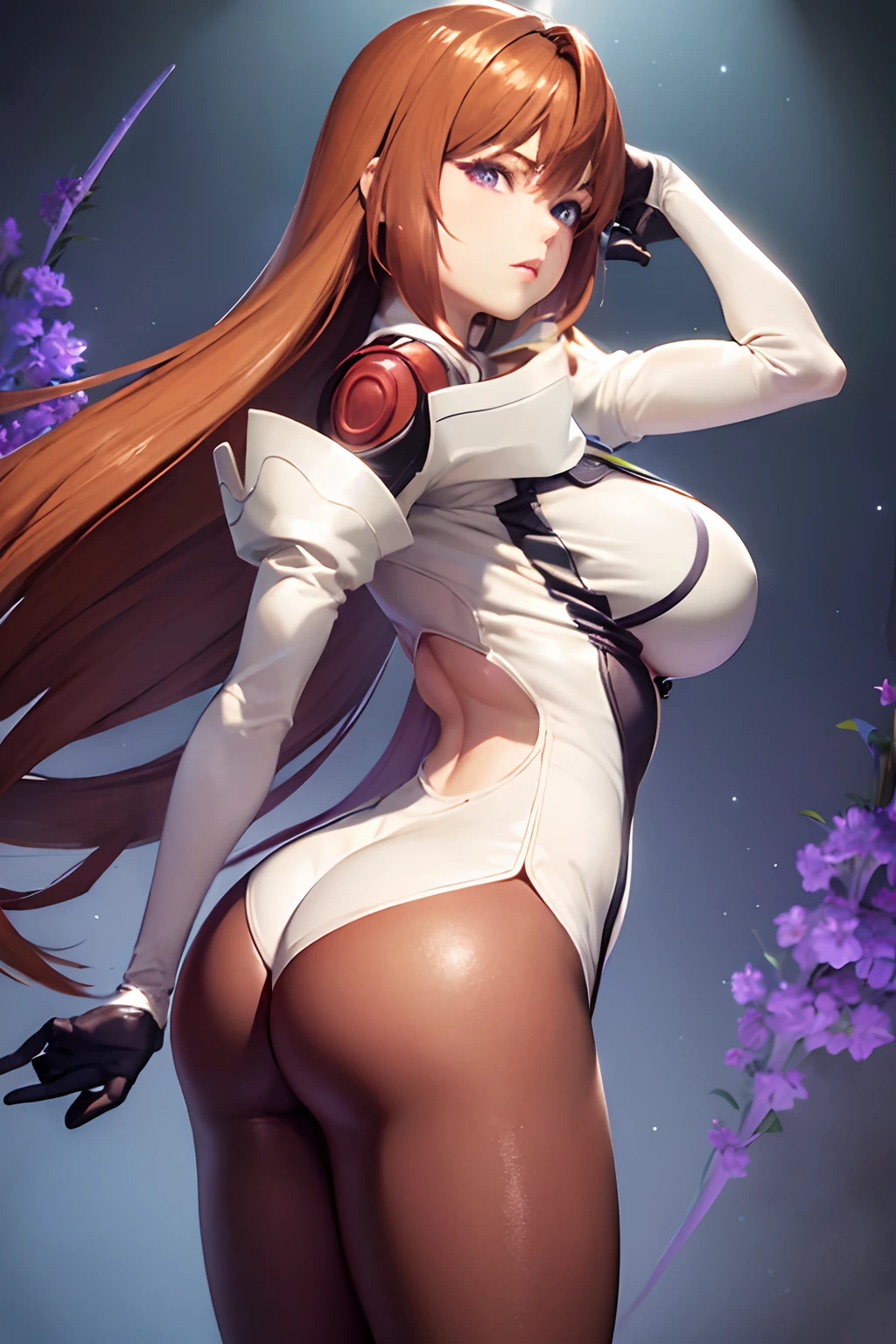 (masterpiece, best quality:1.2), solo, 1girl, purple iris, elhaym von houten, parted lips, looking at viewer, uniform, pantyhose, gloves, angry face, big ass, onion booty